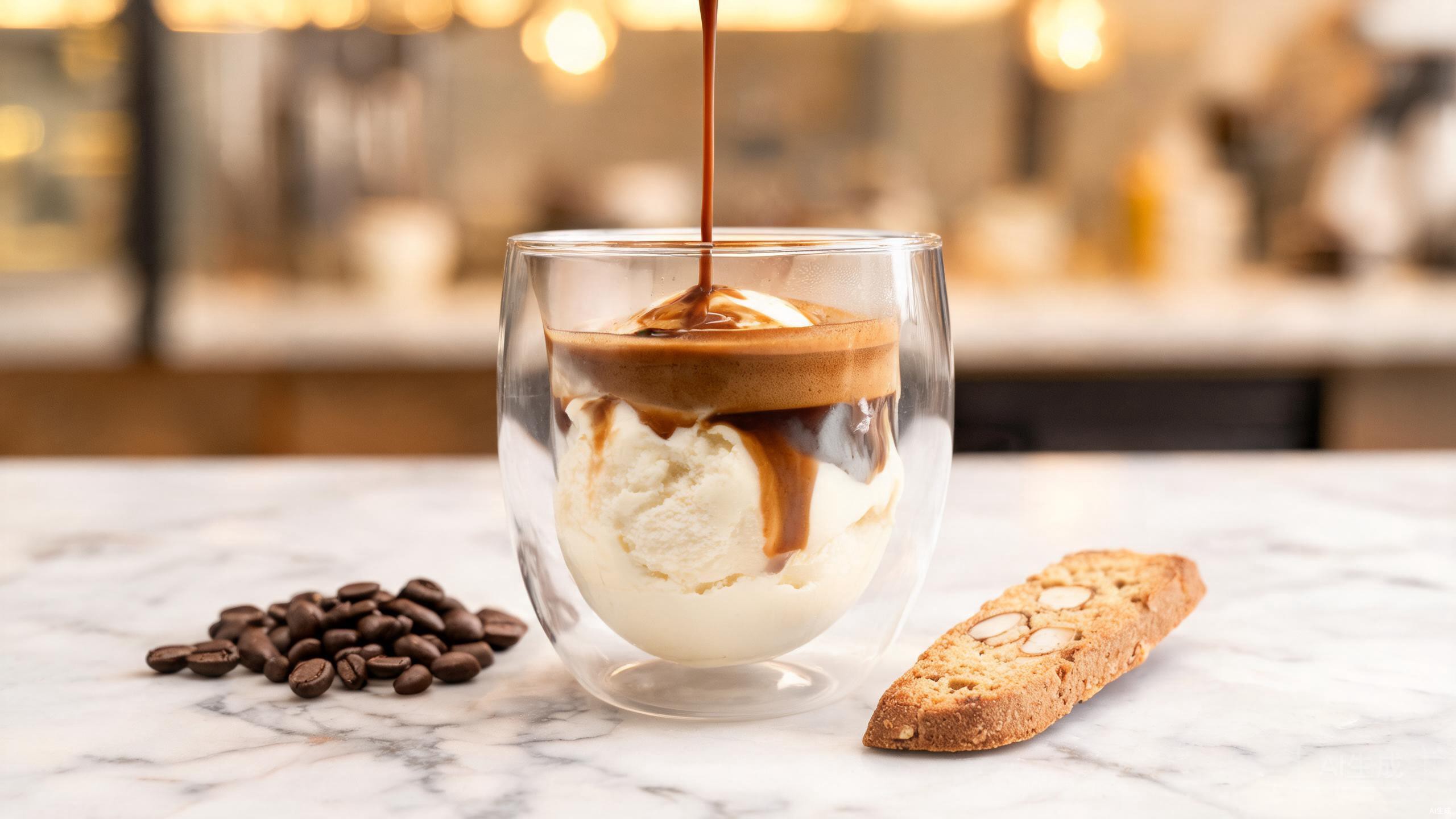 Affogato dessert in clear double wall glass espresso cups showing espresso poured over vanilla gelato