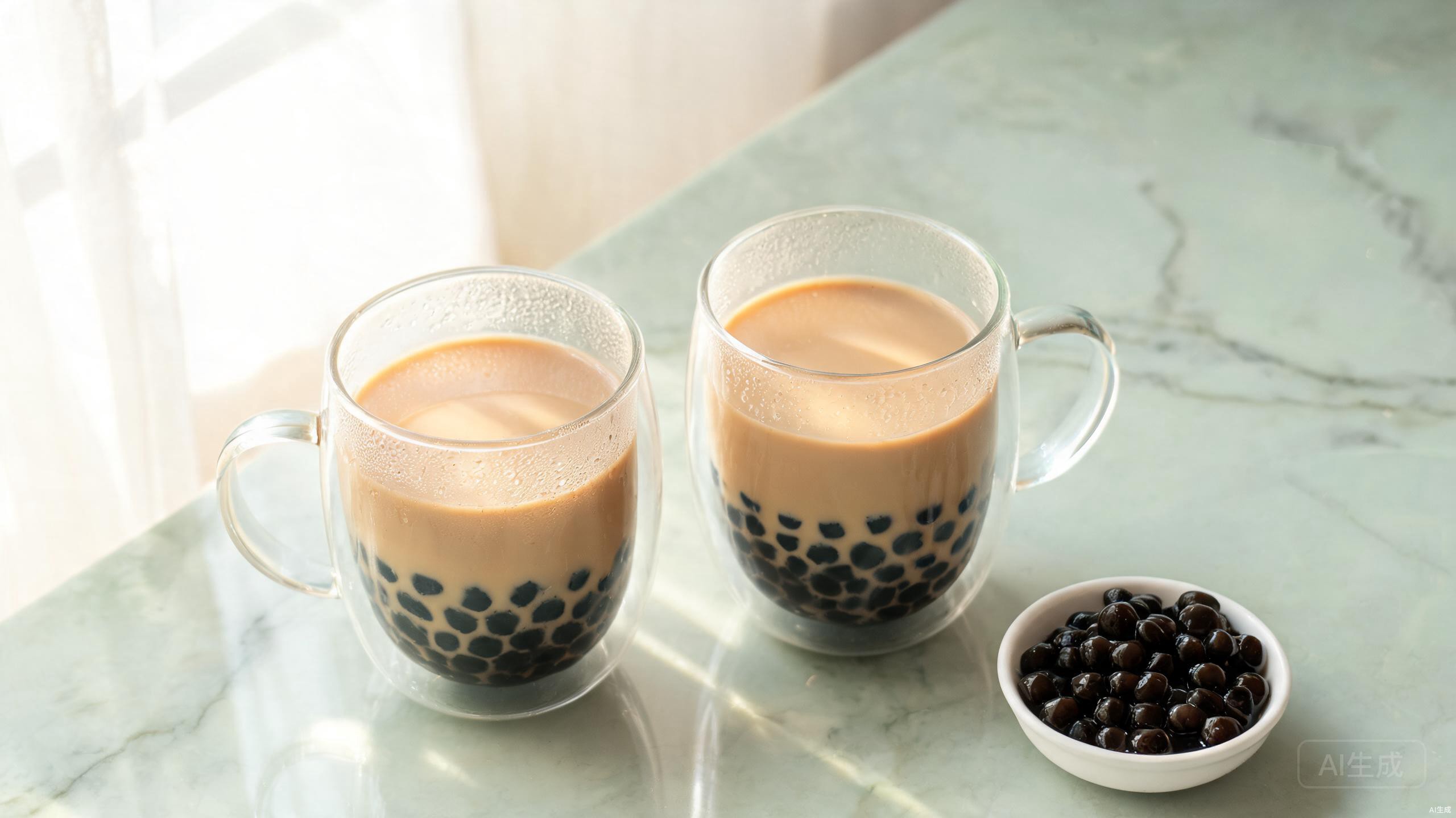 Brown sugar bubble milk tea in clear double wall glass mugs with tapioca pearls at the bottom on a light green countertop