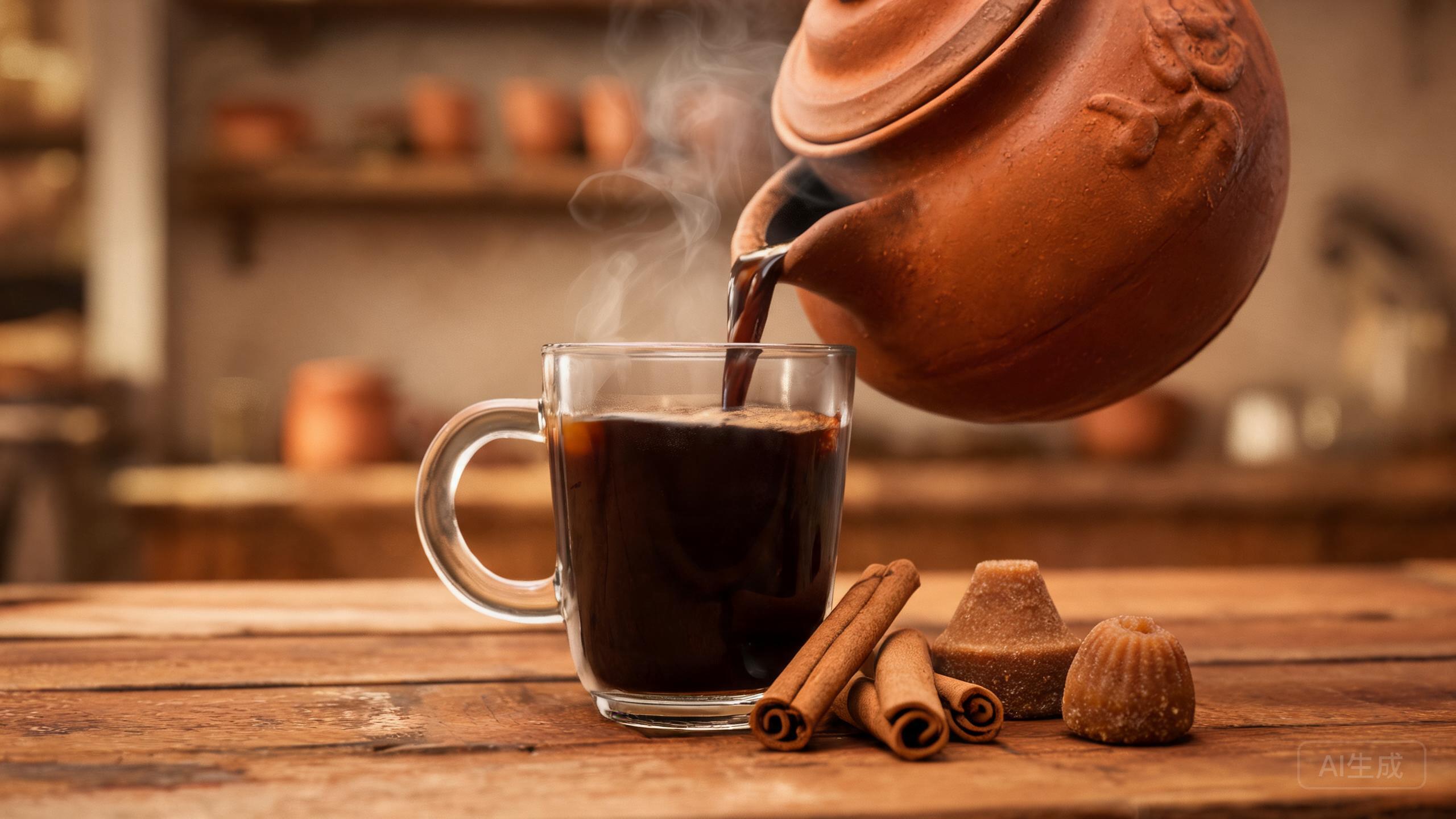 Traditional Mexican spiced coffee with cinnamon sticks and piloncillo cones beside a clear glass teapot of dark coffee