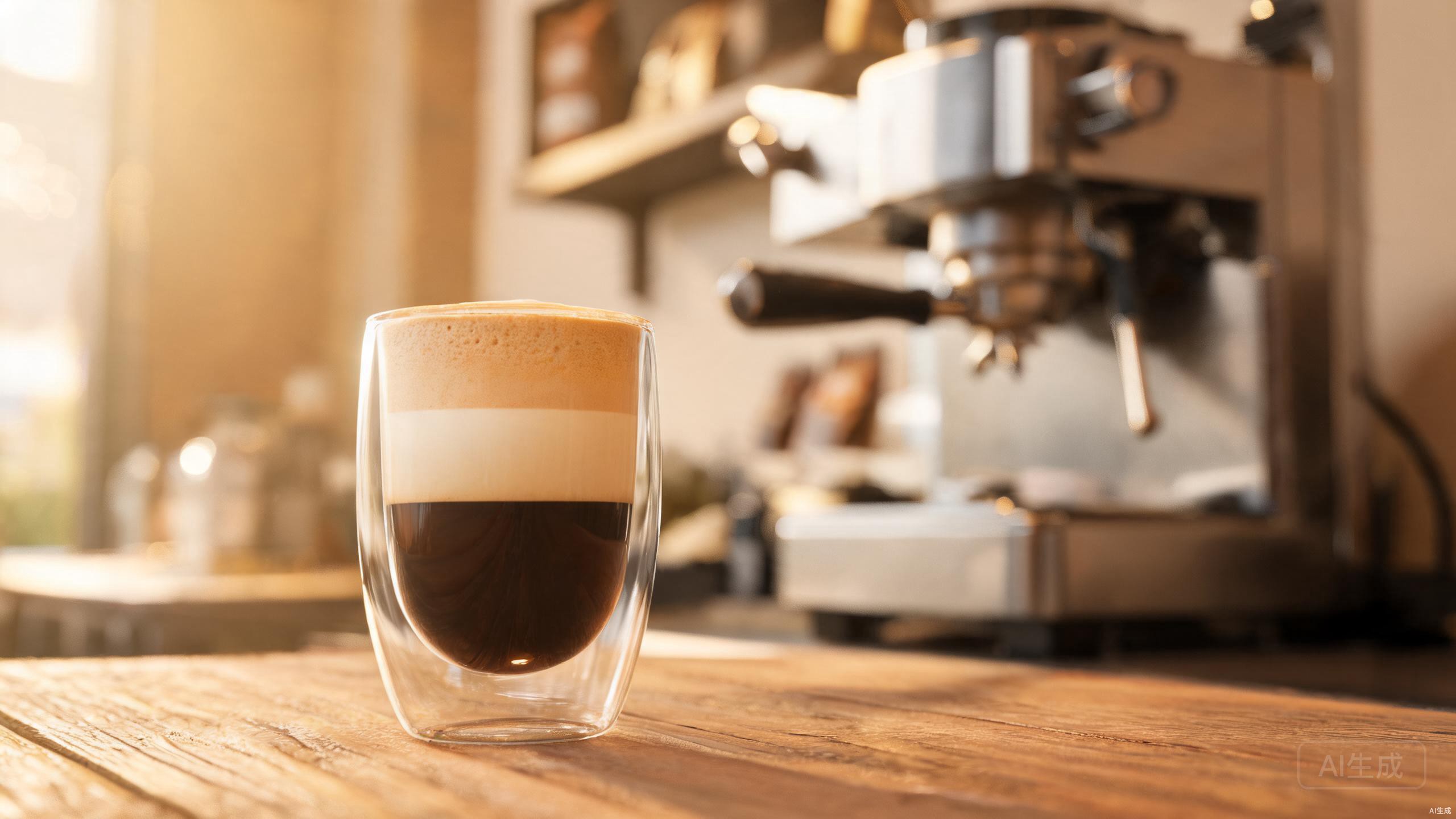 Cappuccino cups with thick foam in double wall glass showing the espresso and milk layers