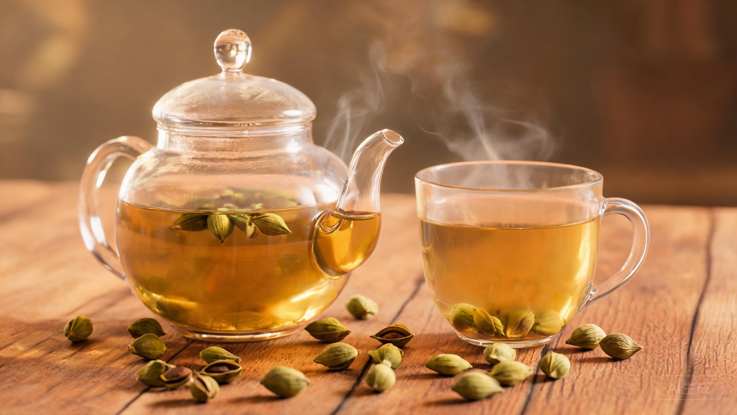 Fragrant cardamom tea with green cardamom pods in a clear glass teapot and glass mug