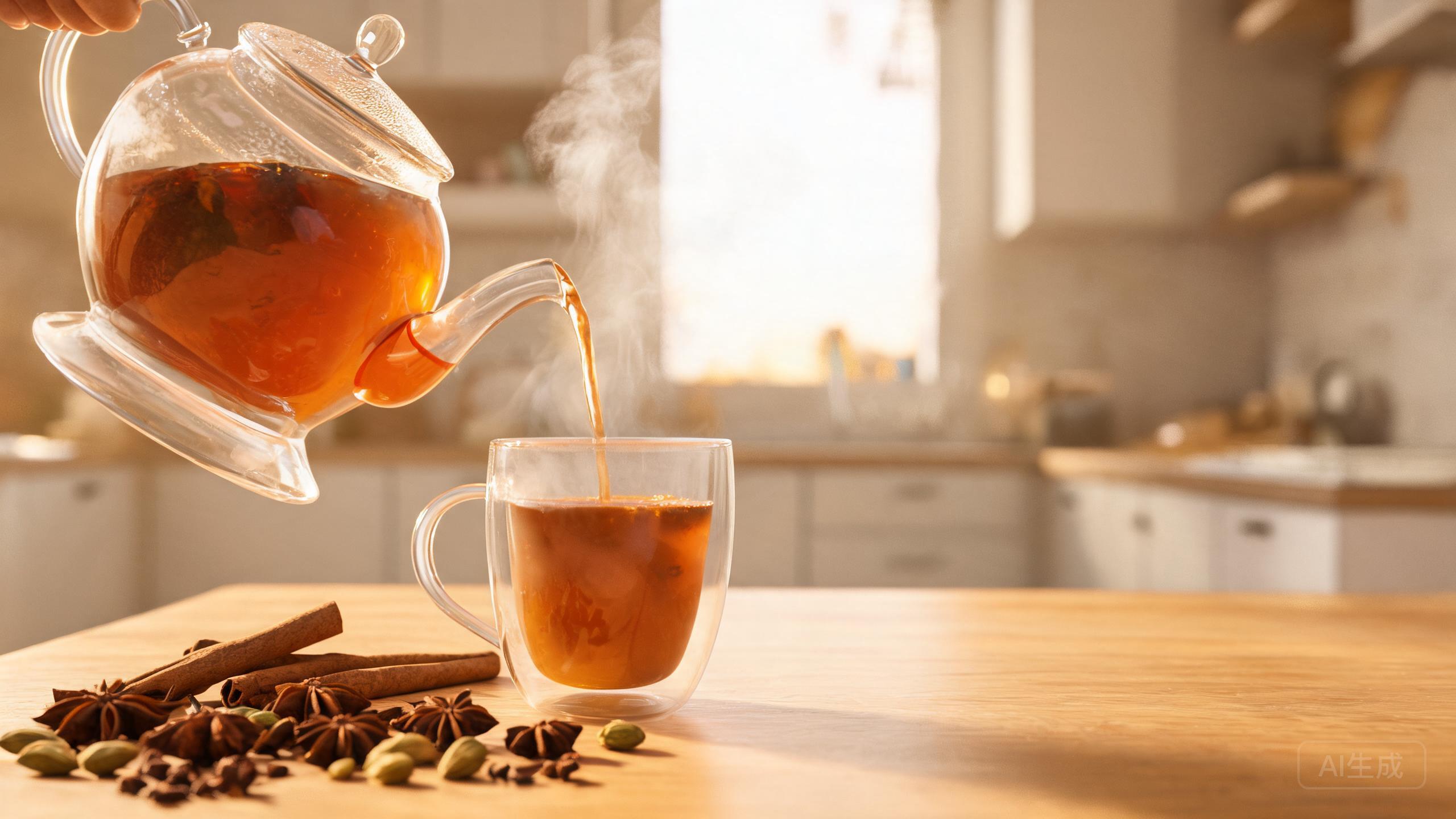 Amber spiced chai concentrate poured from a glass teapot into a clear double walled glass mug