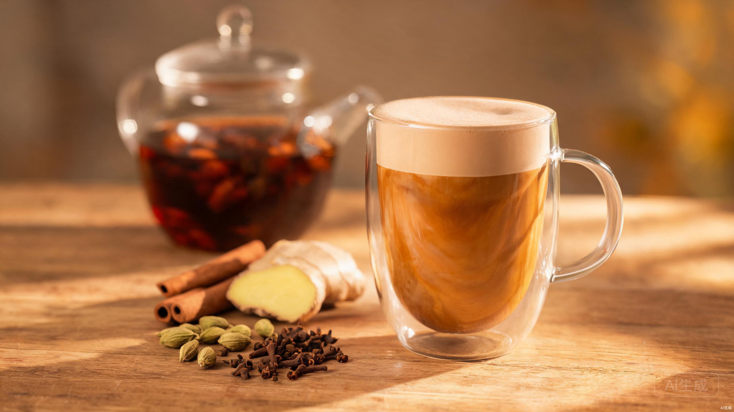Chai latte in double walled glass mugs with spiced tea brewing in a glass teapot
