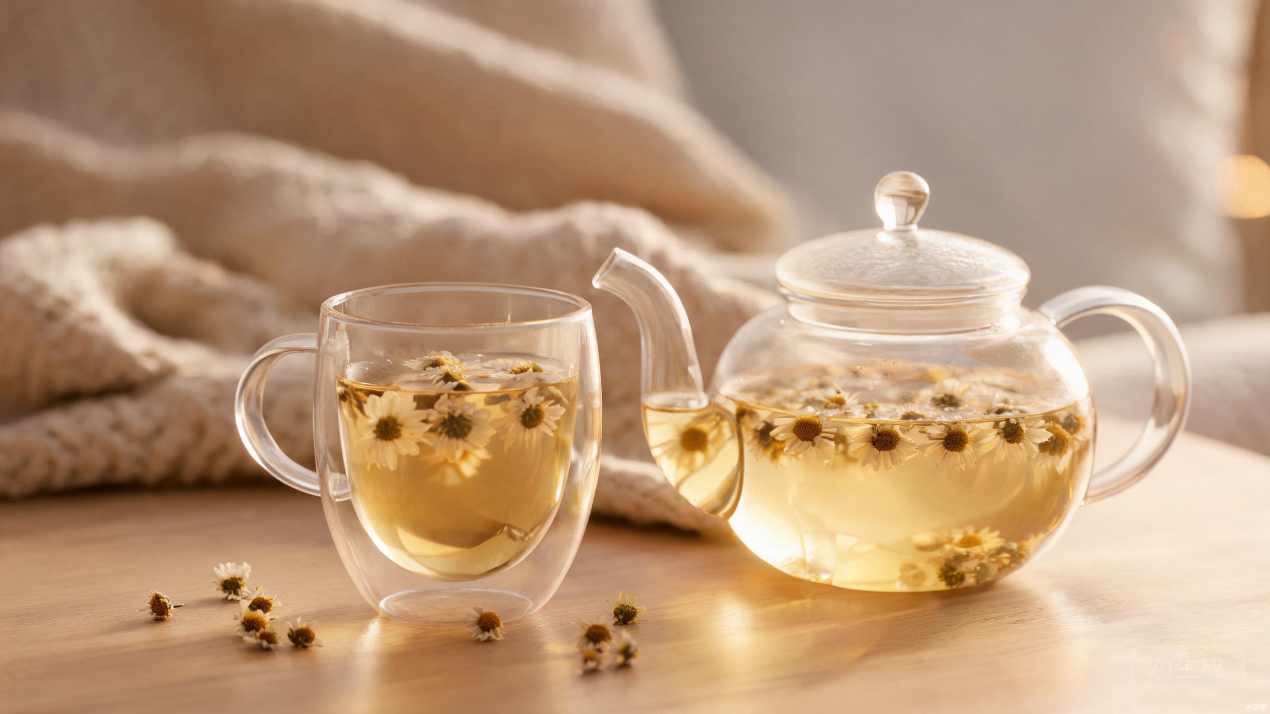 Golden chamomile tea in a clear glass teapot with chamomile flowers