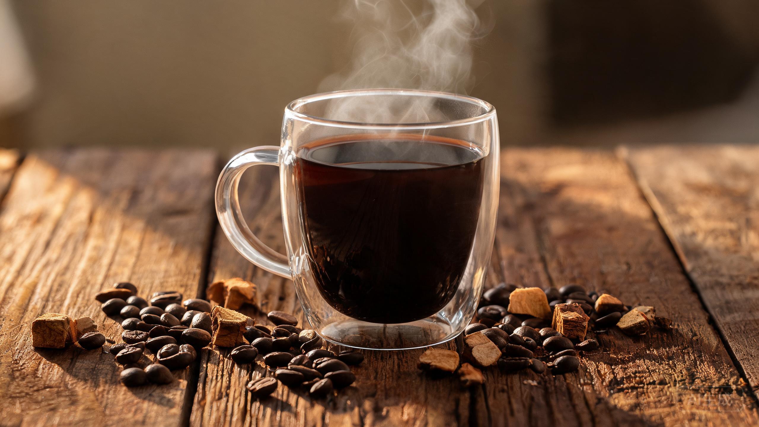 Dark roasted chicory coffee in a double walled glass mug beside roasted chicory root pieces and coffee beans on a wooden table