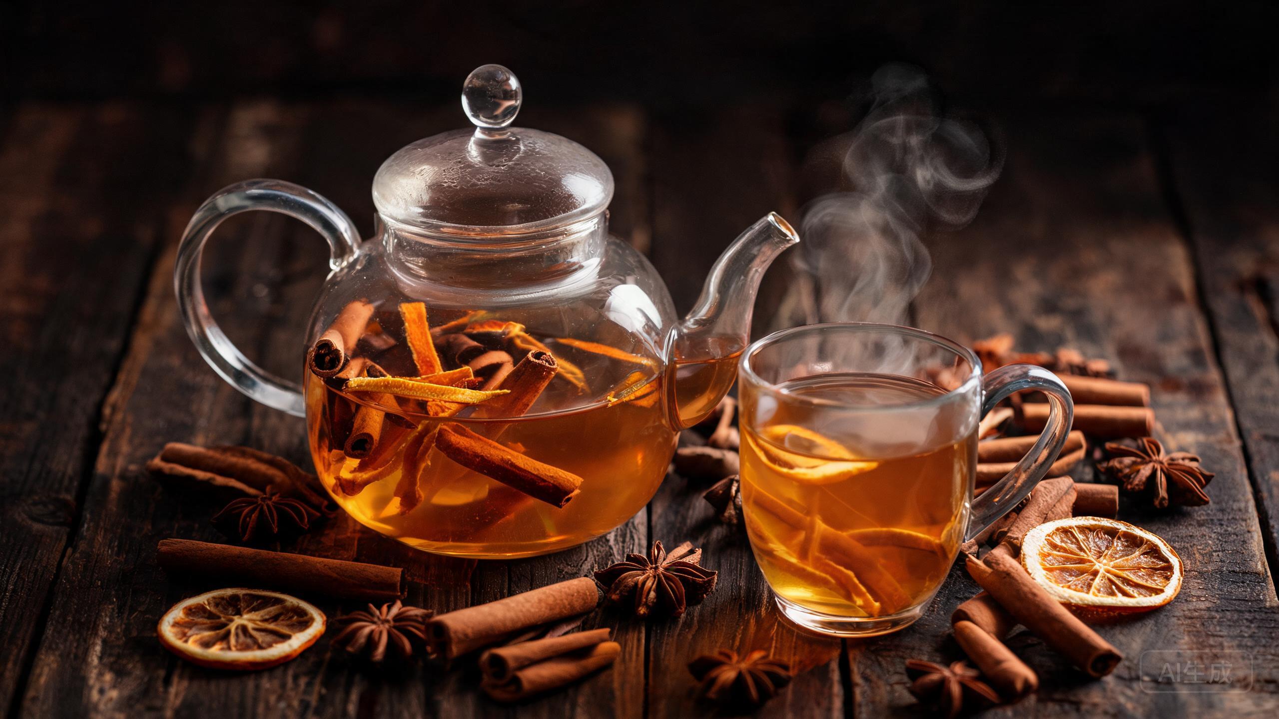 Rich amber cinnamon stick tea with cinnamon sticks and orange peel in a clear glass teapot, poured into a glass mug