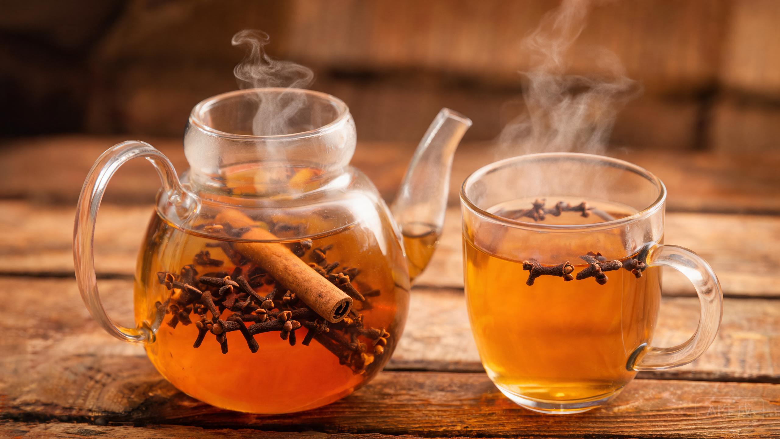 Warm amber clove tea with whole cloves in a clear glass teapot and a glass mug