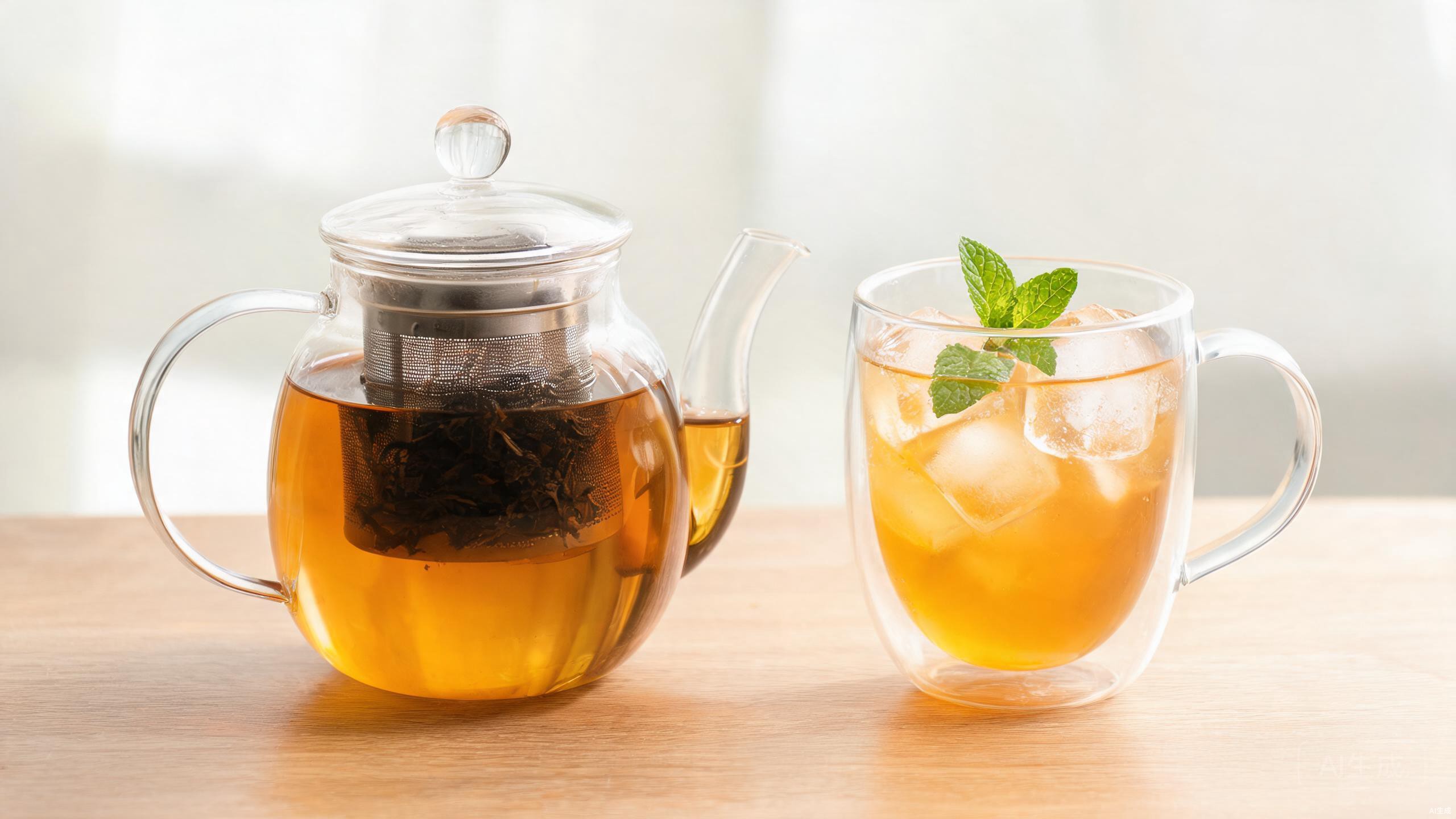 Cold brew tea in a clear glass teapot with loose leaf tea and ice in double walled glass mugs