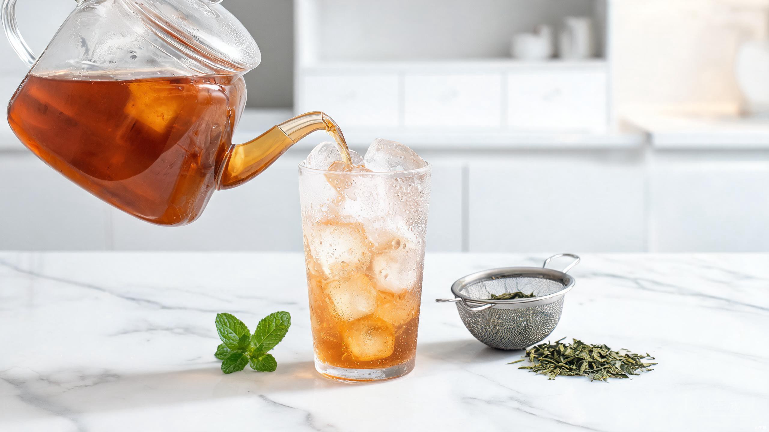 Cold brew tea being poured from a glass teapot into ice-filled glasses