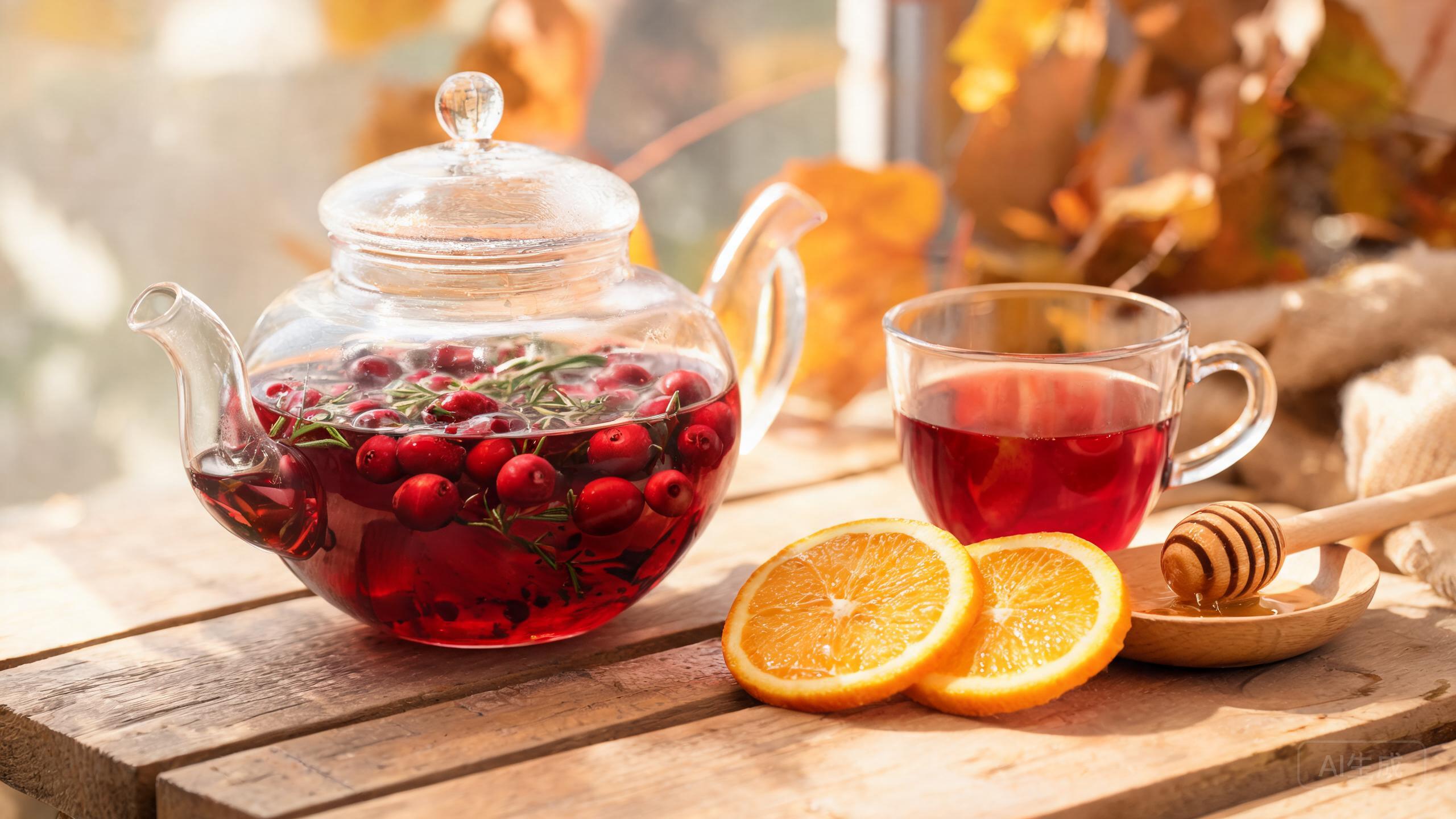 Ruby red cranberry tea with whole cranberries and herbs in a clear glass teapot, orange slices and a honey dipper on a wooden table