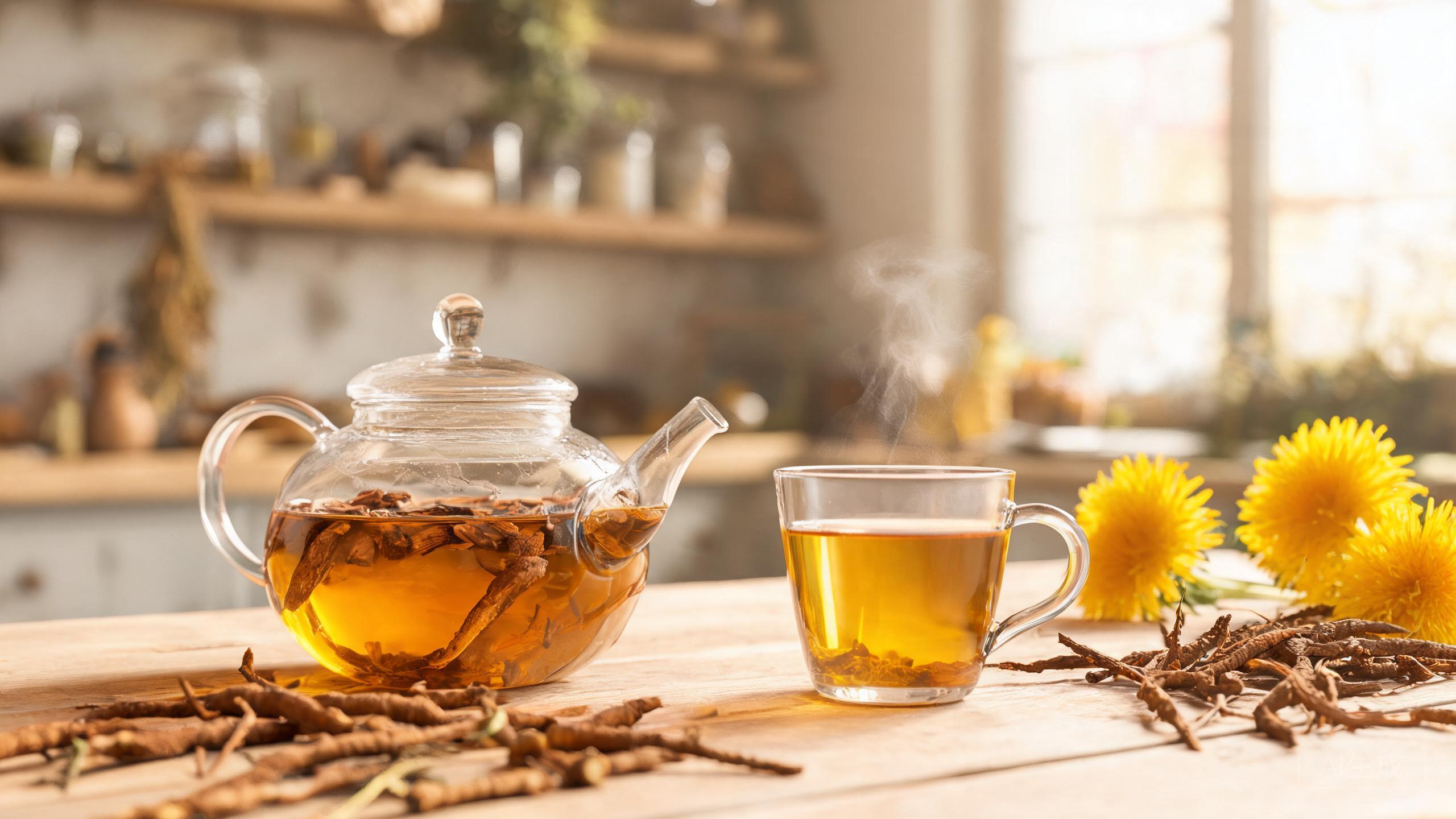 Golden dandelion root tea with dried dandelion root and petals in a clear glass teapot, poured into a glass mug