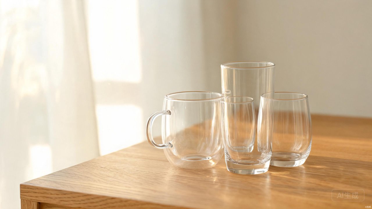 A collection of drinking glasses and glass drinkware including tumblers, wine glasses, and double wall mugs on a kitchen table