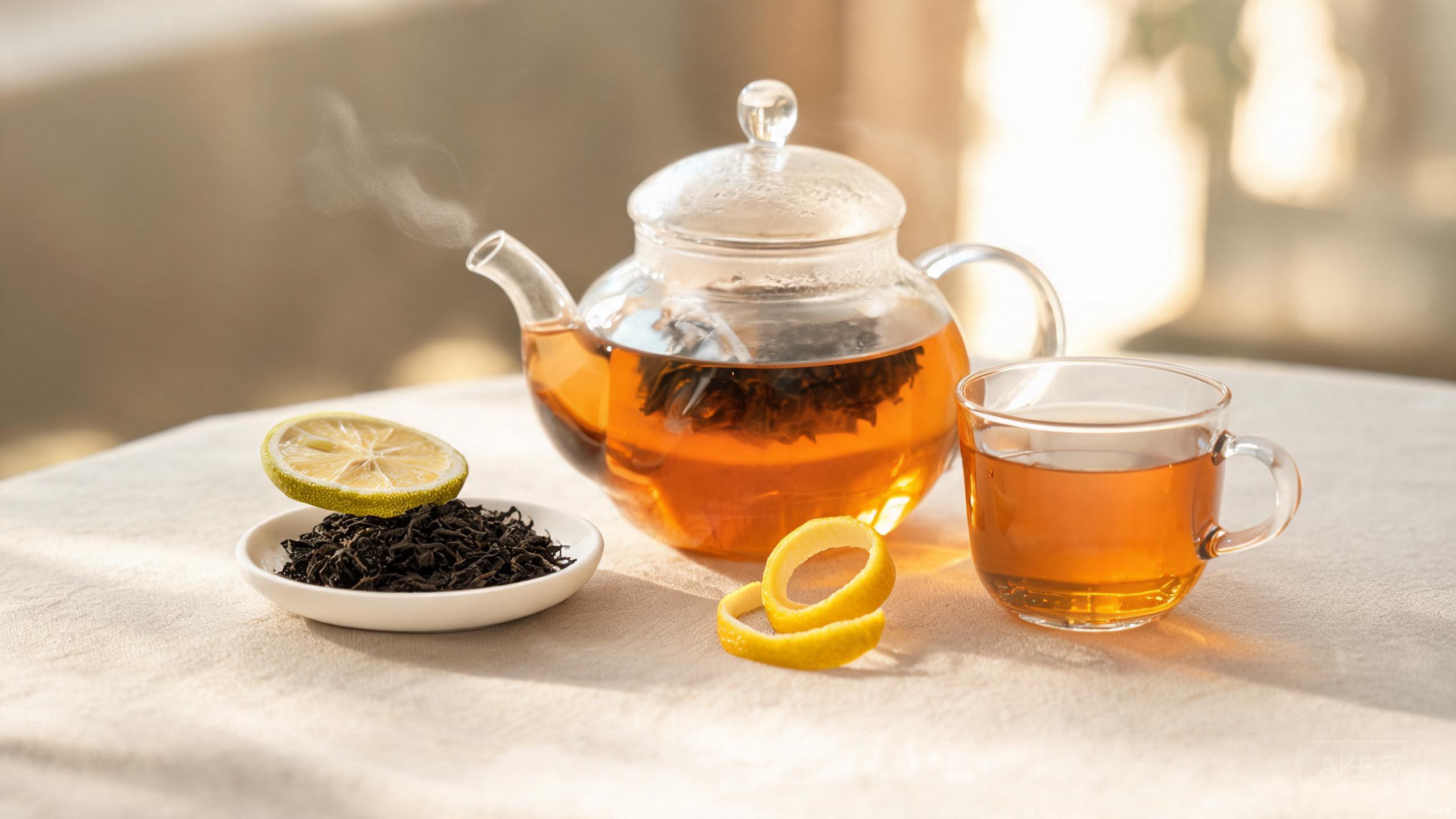 Amber Earl Grey tea in a clear glass teapot with a lemon twist