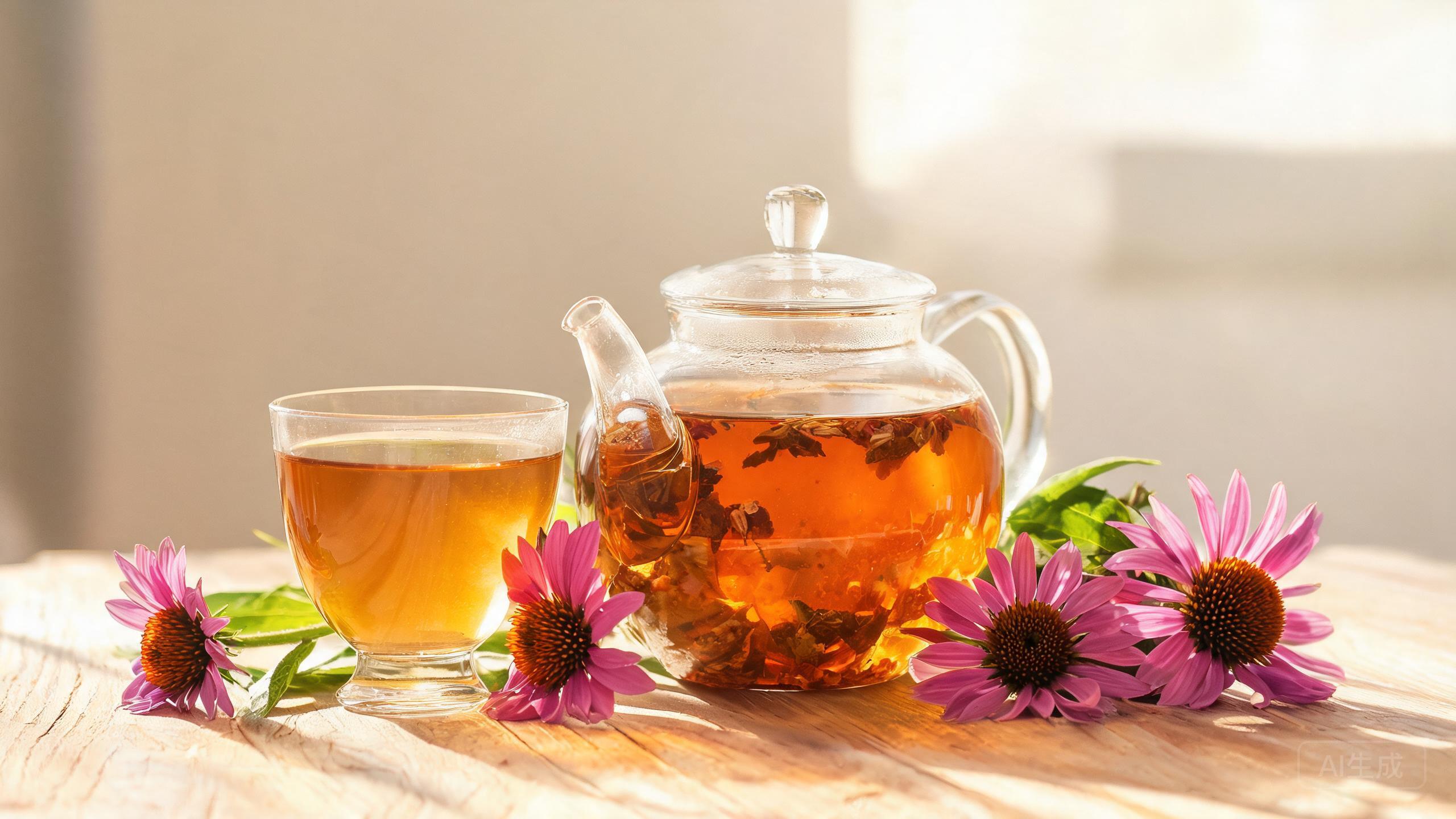 Golden echinacea tea made from dried purple coneflower in a clear glass teapot, poured into a glass mug with mint
