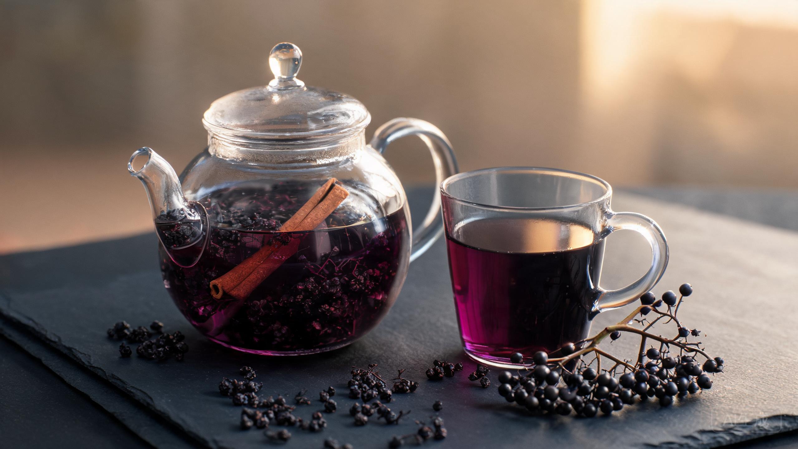 Deep purple elderberry tea with dried elderberries, cinnamon and orange in a clear glass teapot, poured into a glass mug