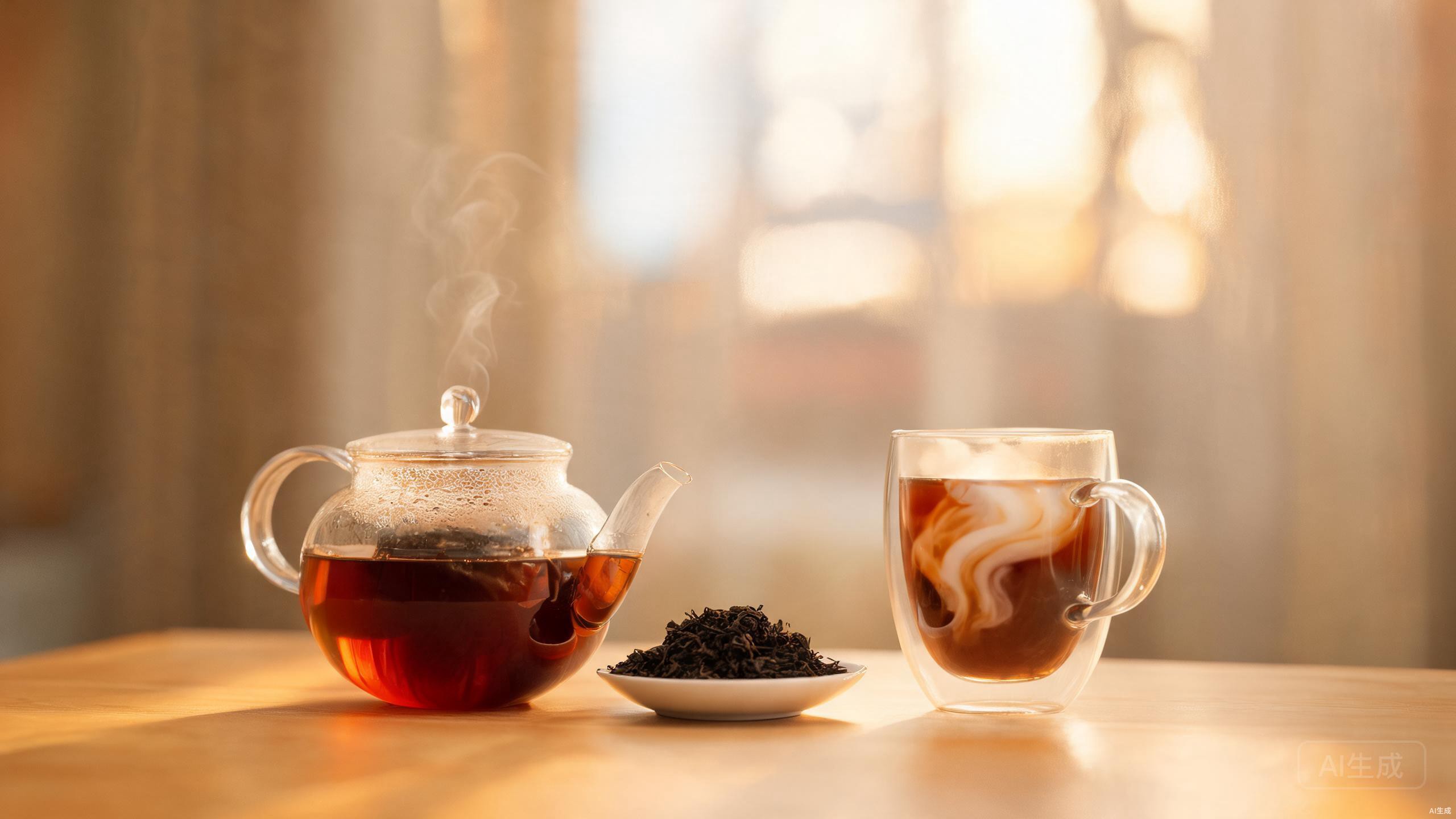 Dark English Breakfast tea with milk swirl in a clear glass teapot