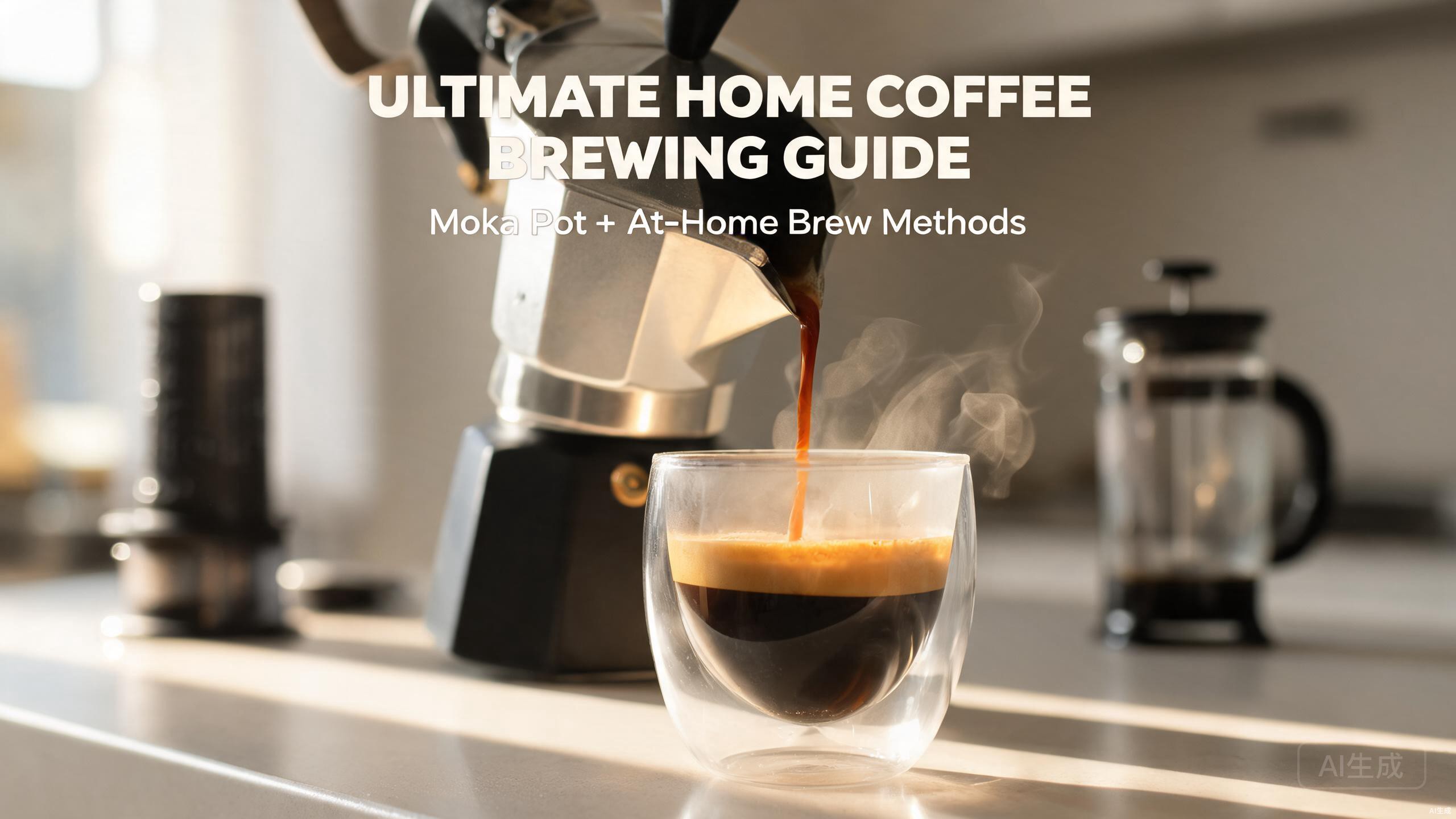 Stovetop moka pot brewing espresso into a clear double wall glass cup on a kitchen counter