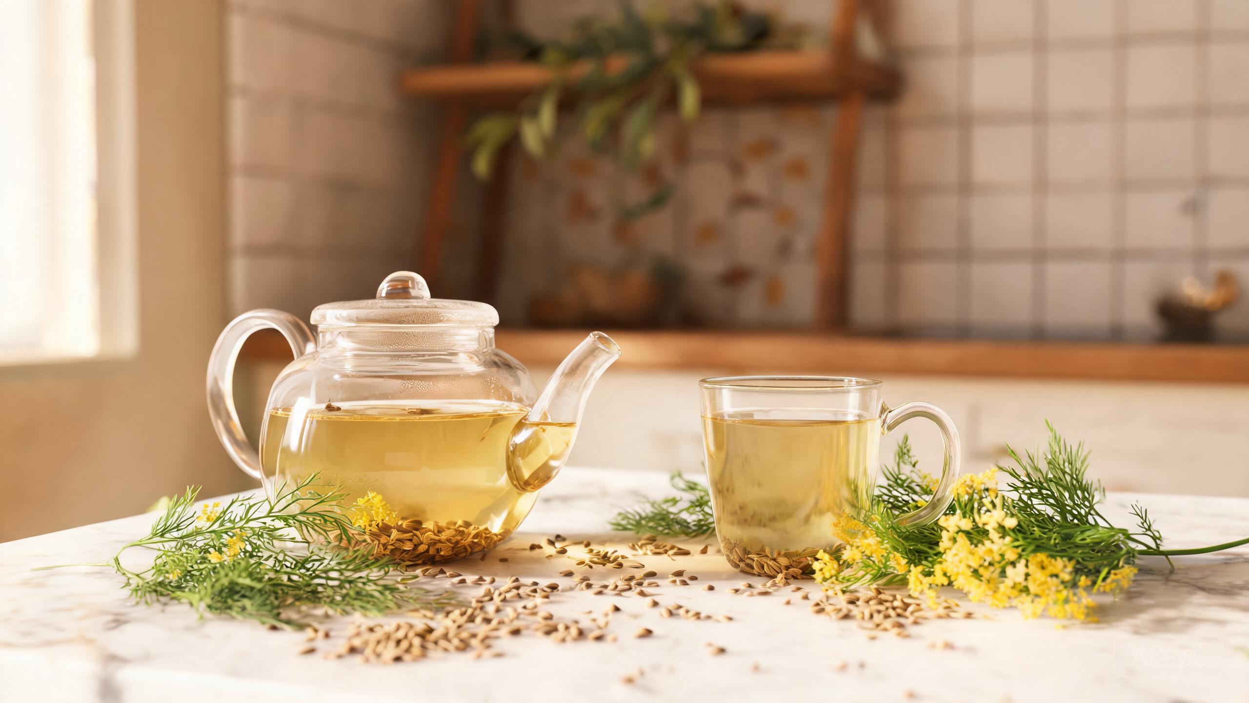 Golden fennel seed tea with fennel seeds and fronds in a clear glass teapot, poured into a glass mug