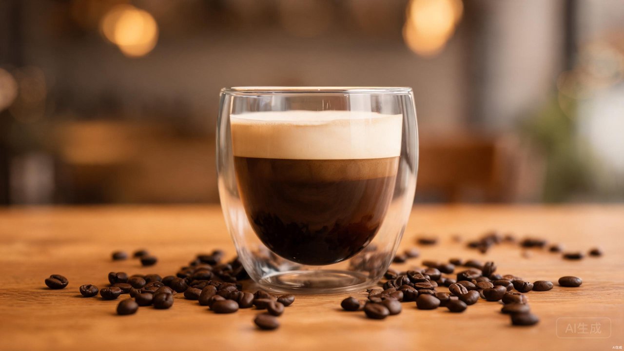 A flat white coffee served in a double wall glass cup showing layers of espresso and microfoam milk on a kitchen counter
