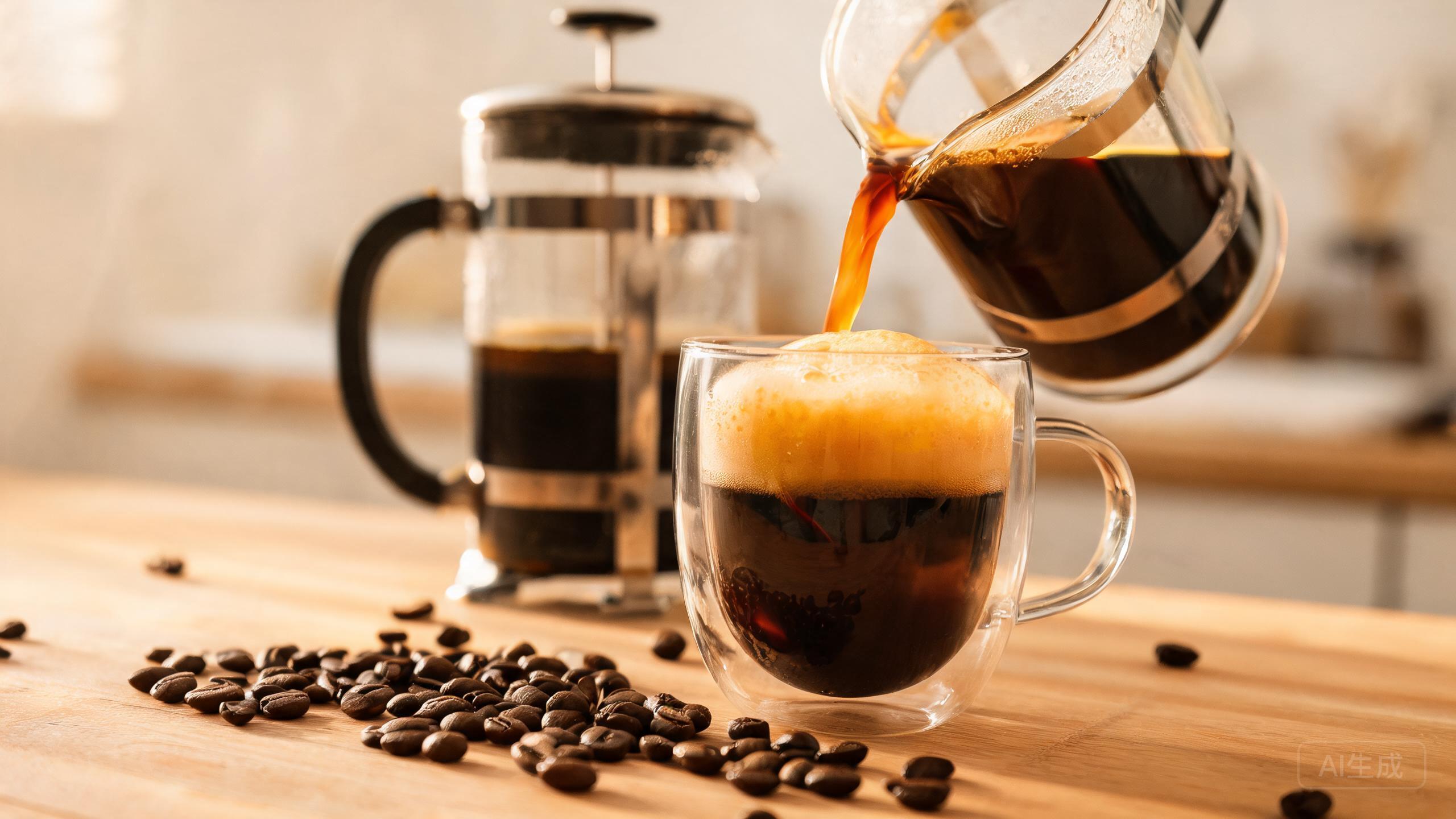 French press coffee being poured into a clear double walled glass mug