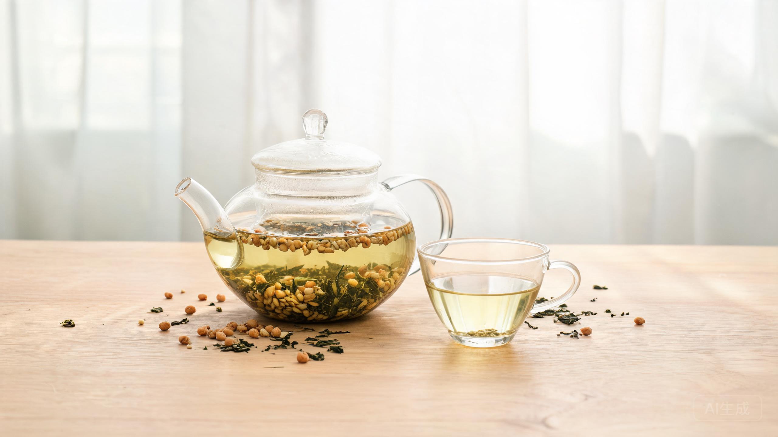Pale golden genmaicha with toasted rice grains in a clear glass teapot and glass cup