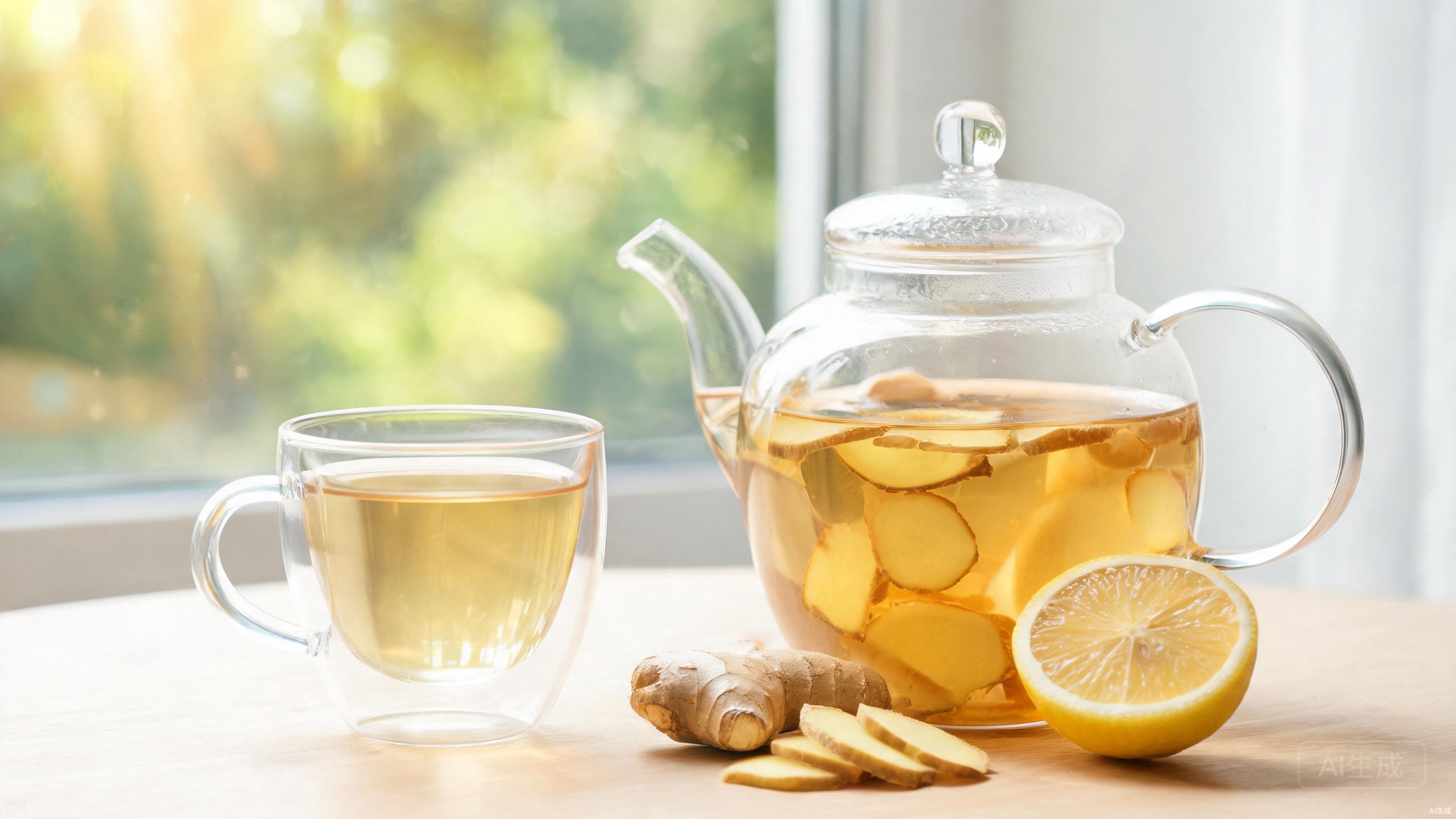 Fresh ginger tea with lemon in a clear glass teapot