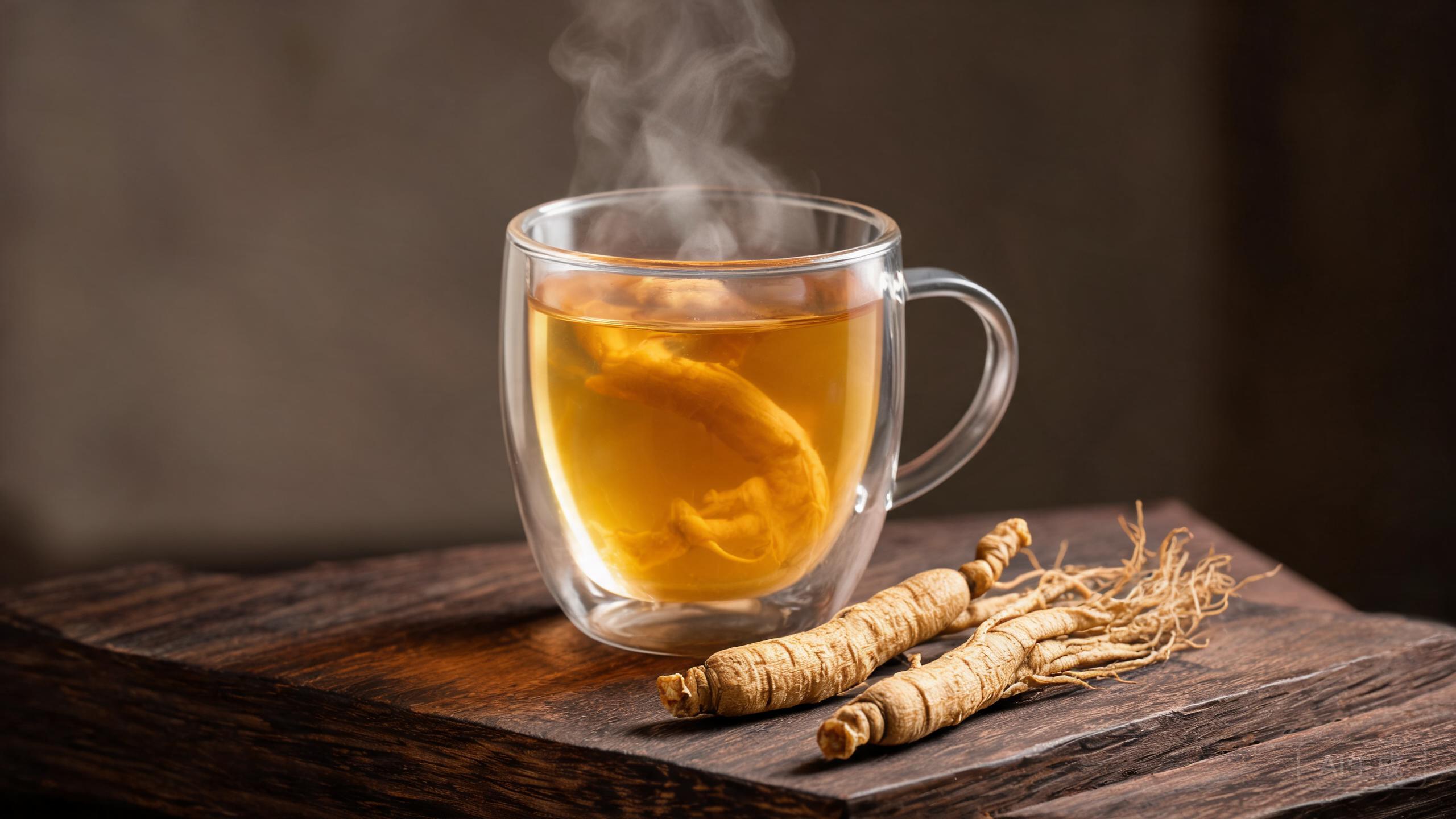 Golden ginseng tea with ginseng root slices in a clear glass teapot, poured into a glass cup with a honey dipper