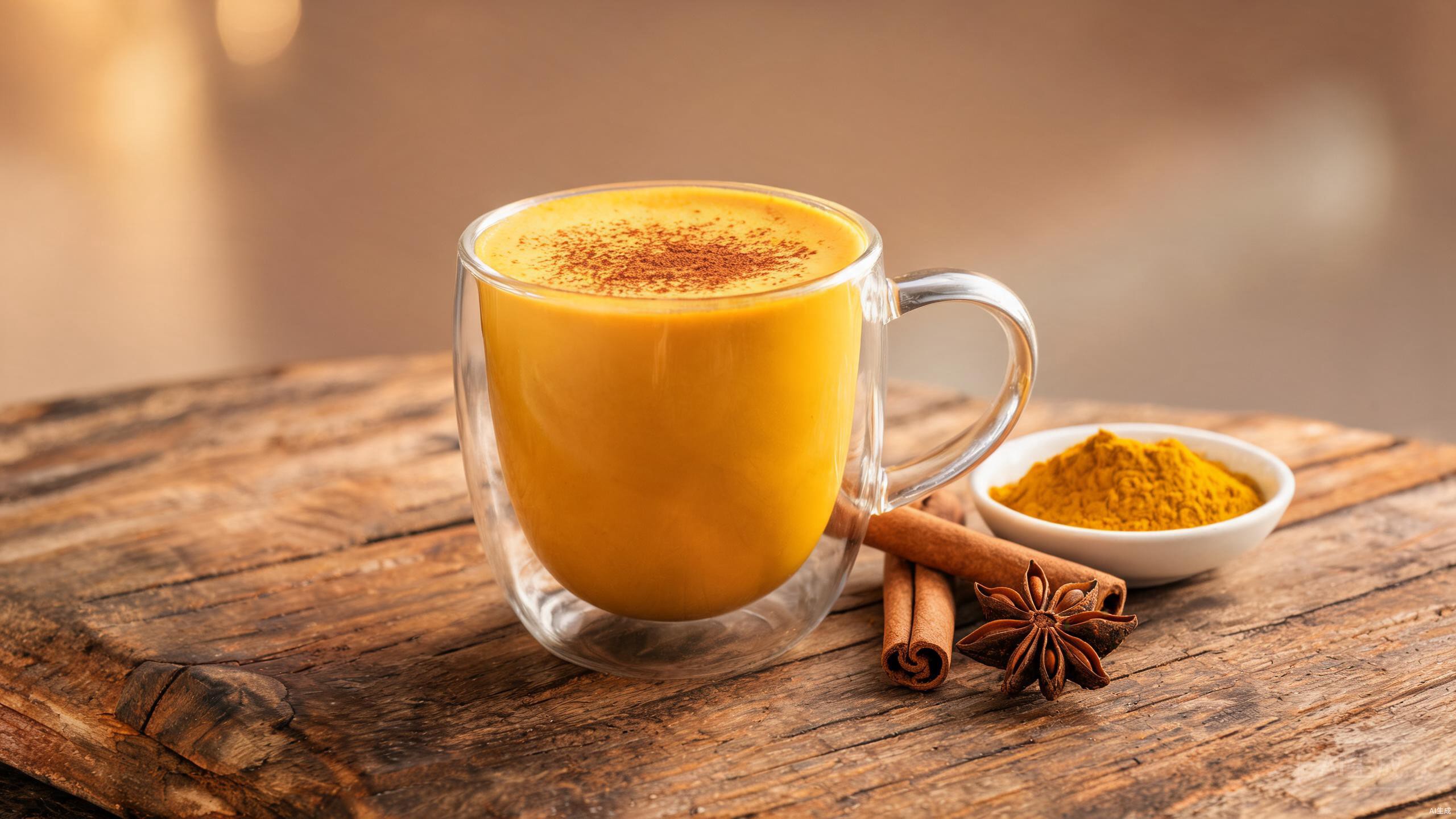 Golden milk turmeric latte in a clear double wall glass mug