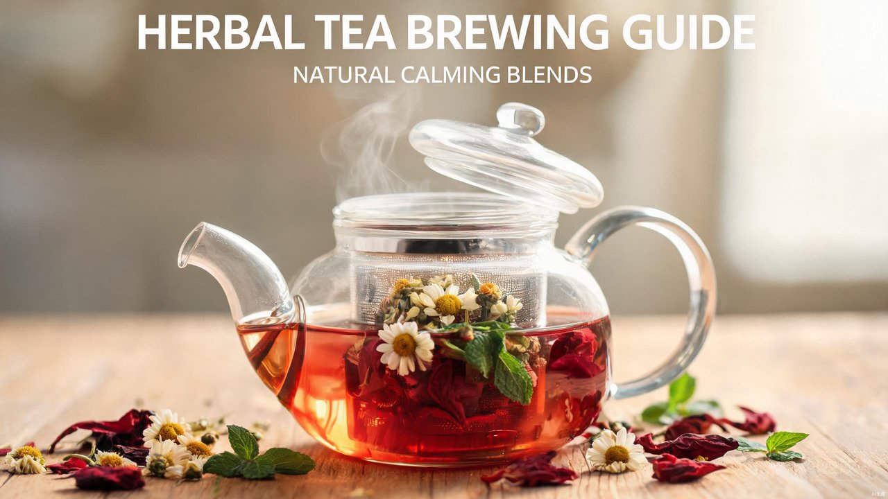Glass teapot brewing herbal tea with loose leaf tea and a tea infuser