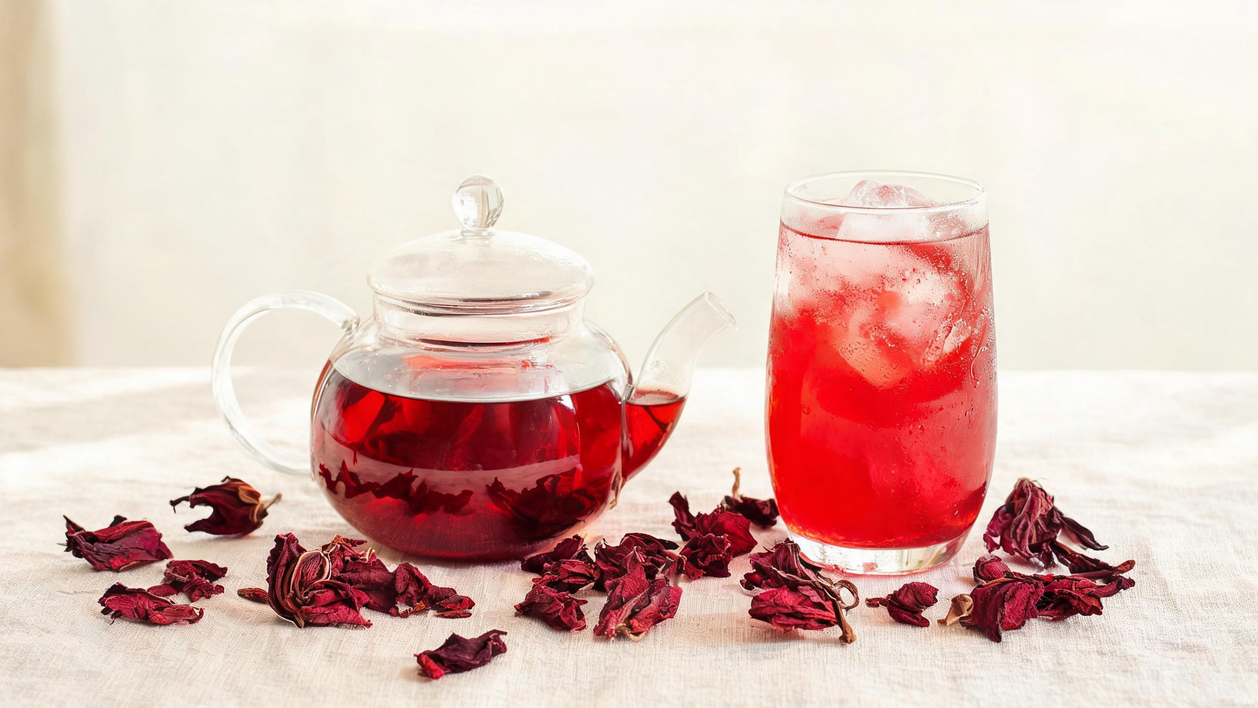 Ruby red hibiscus tea in a clear glass teapot with dried hibiscus flowers