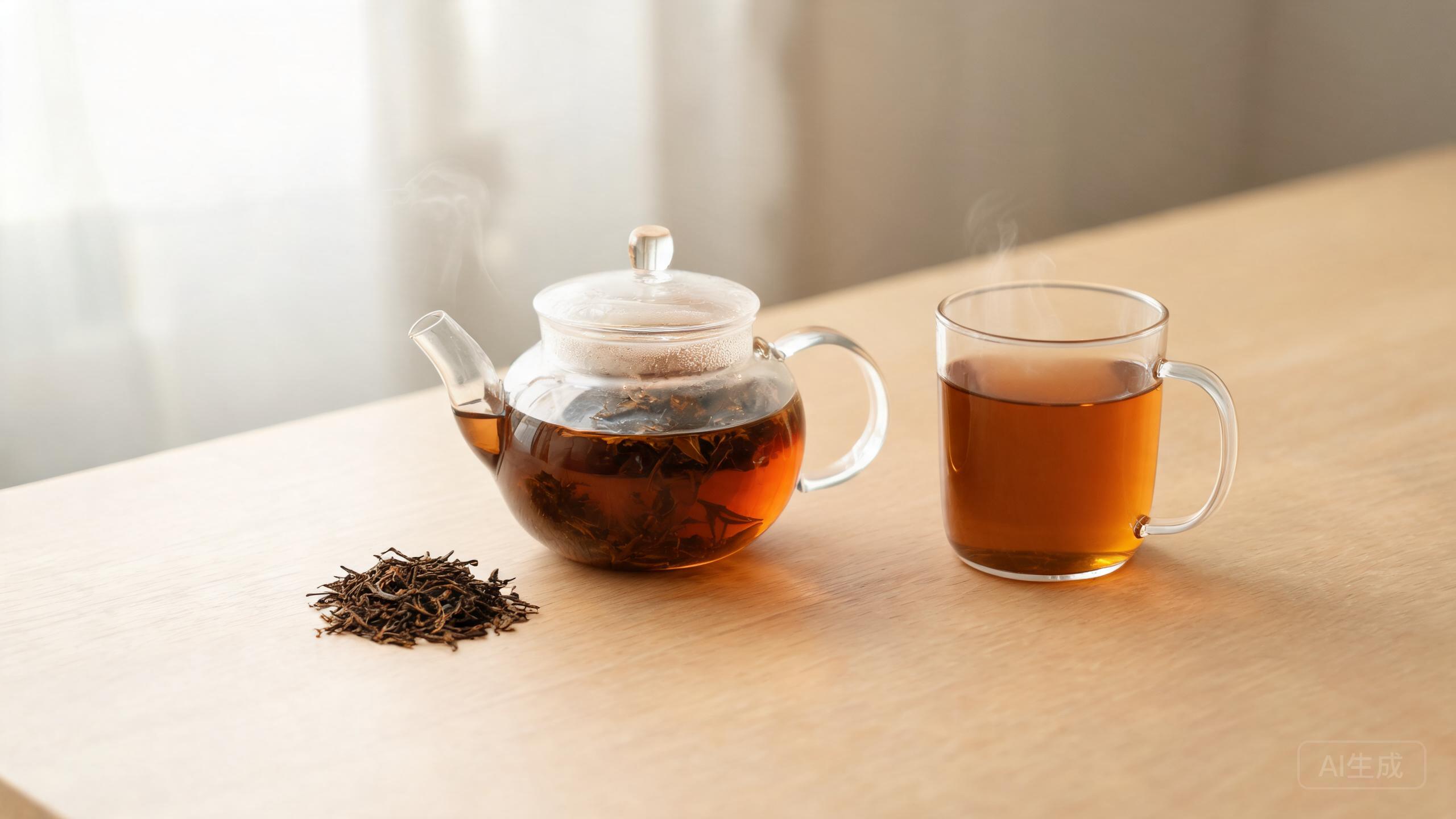 Amber hojicha tea with roasted green tea leaves in a clear glass teapot, poured into a glass mug