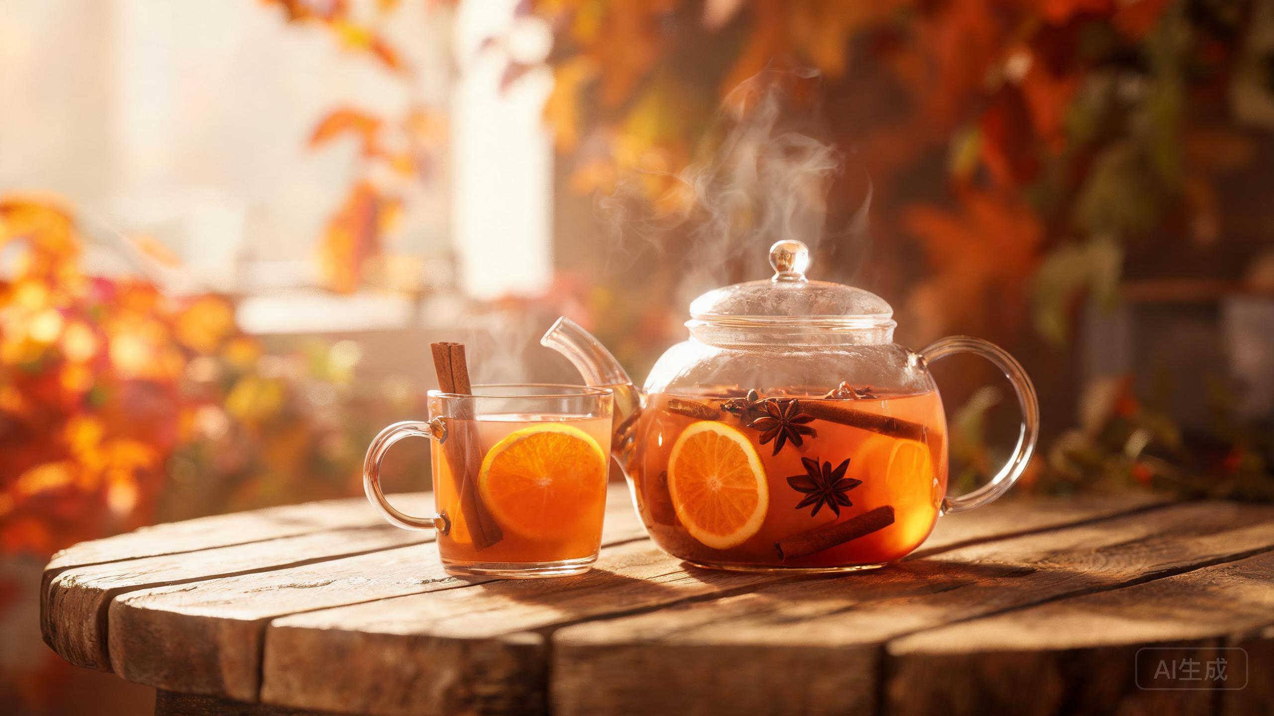 Hot spiced apple cider with cinnamon sticks and star anise in a clear glass teapot, poured into a glass mug
