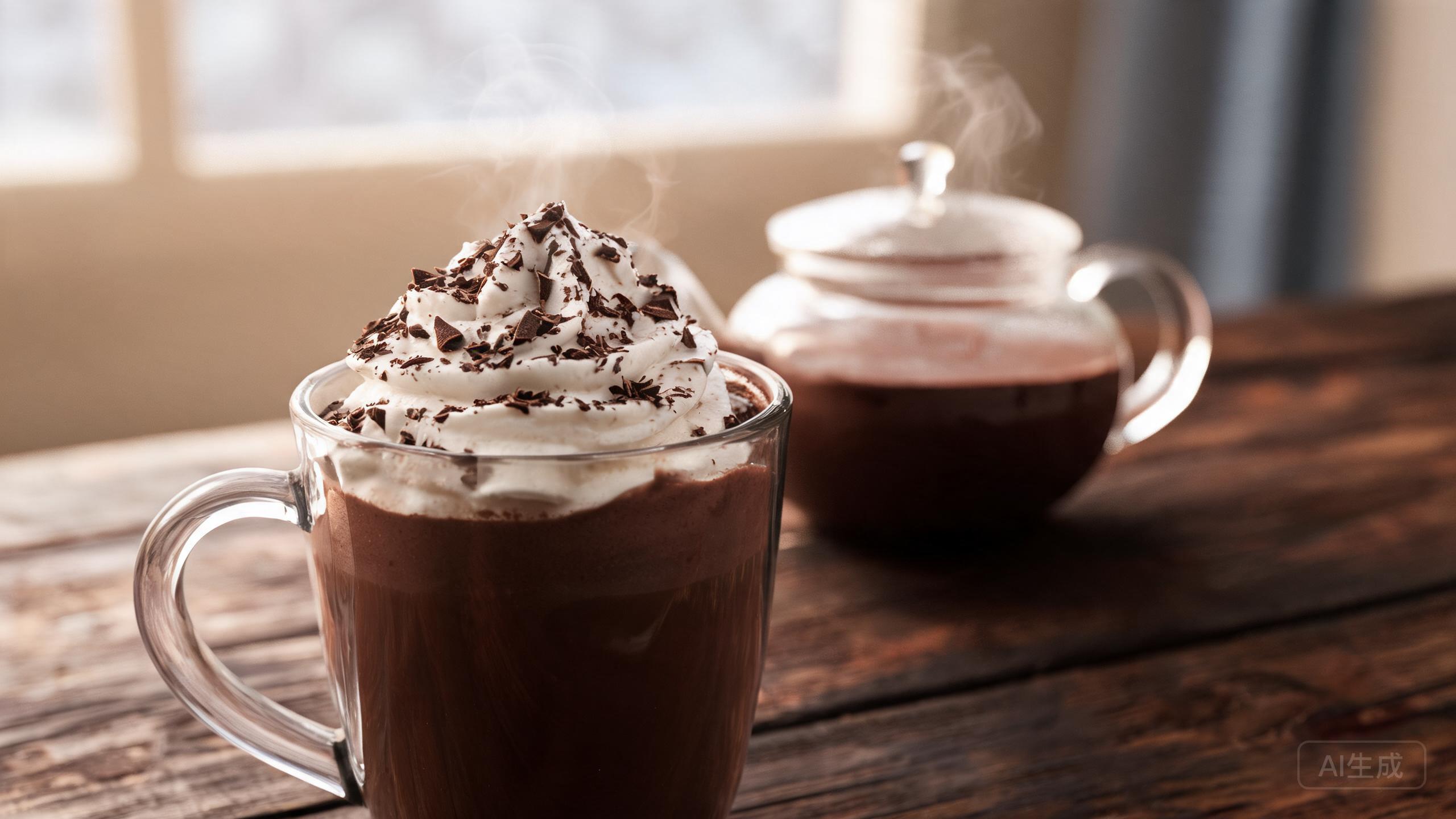 Rich hot chocolate with whipped cream in a clear glass mug