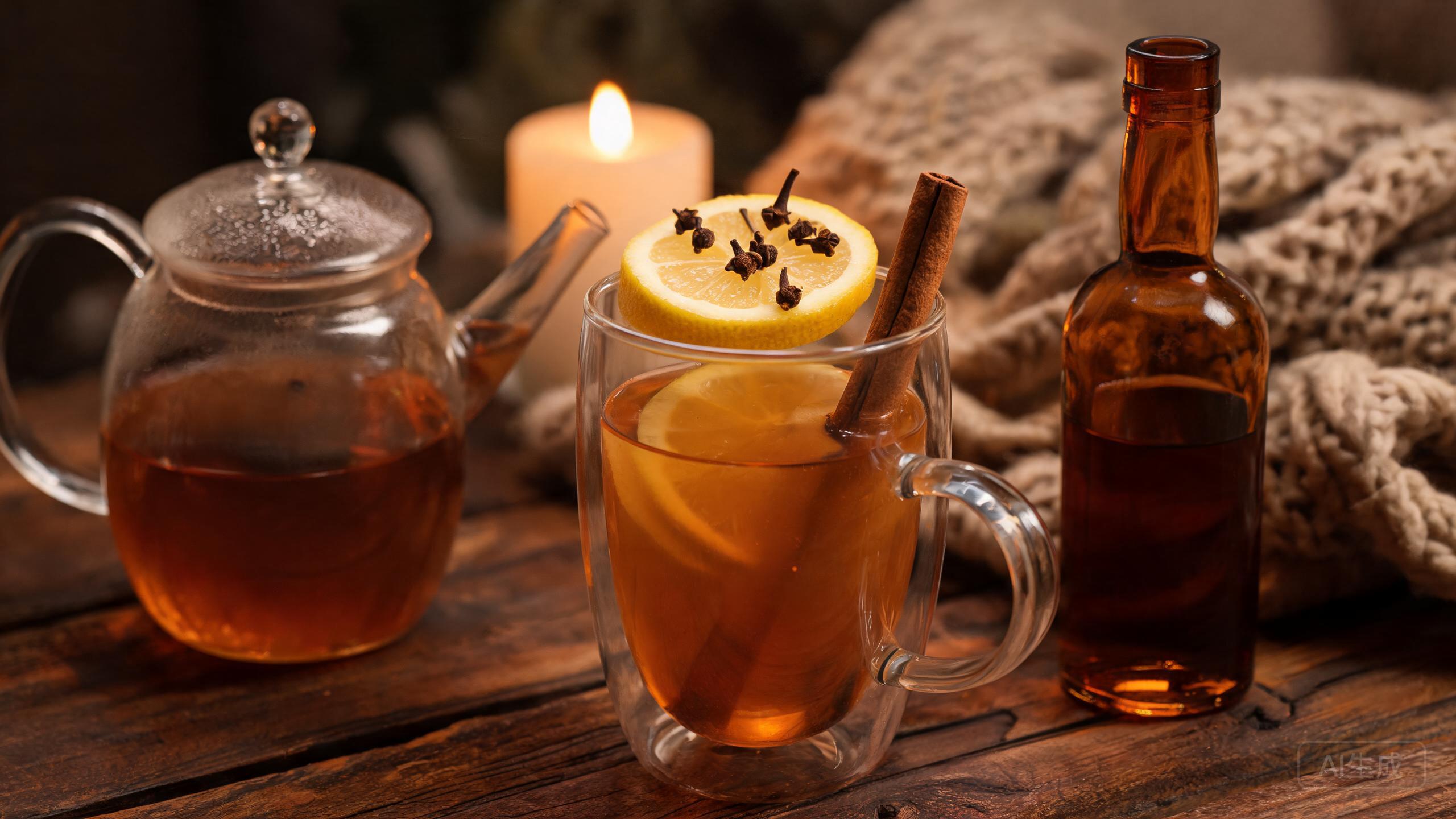 Classic hot toddy with lemon, cloves and cinnamon in a double walled glass mug beside a glass teapot and whiskey bottle in candlelight