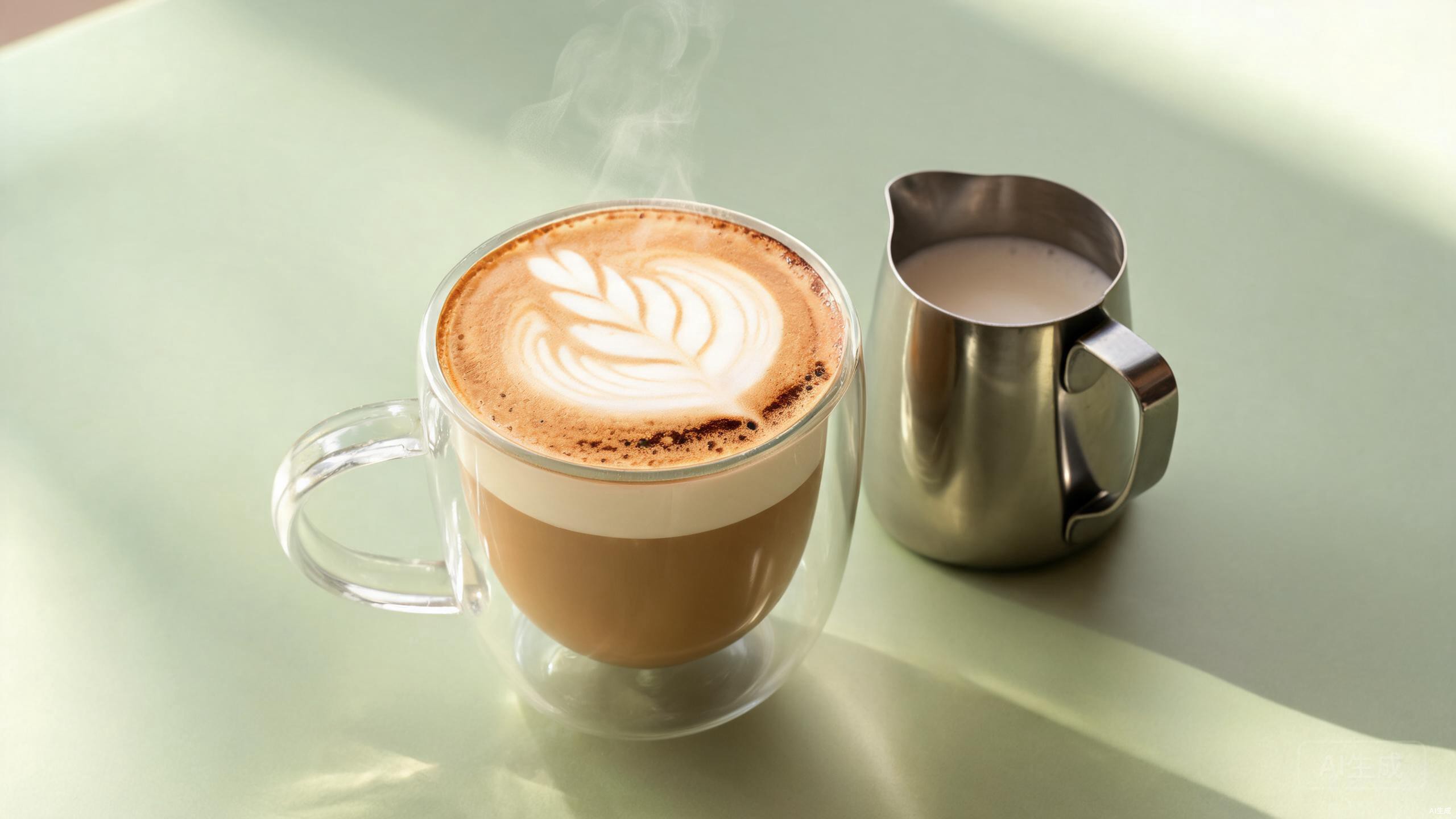 Latte with creamy microfoam and leaf latte art in a clear double wall glass mug next to a milk frothing pitcher