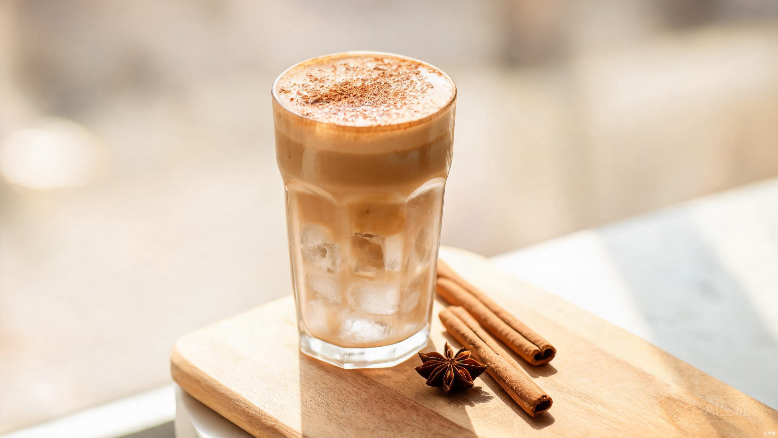 Iced chai latte in glass mug