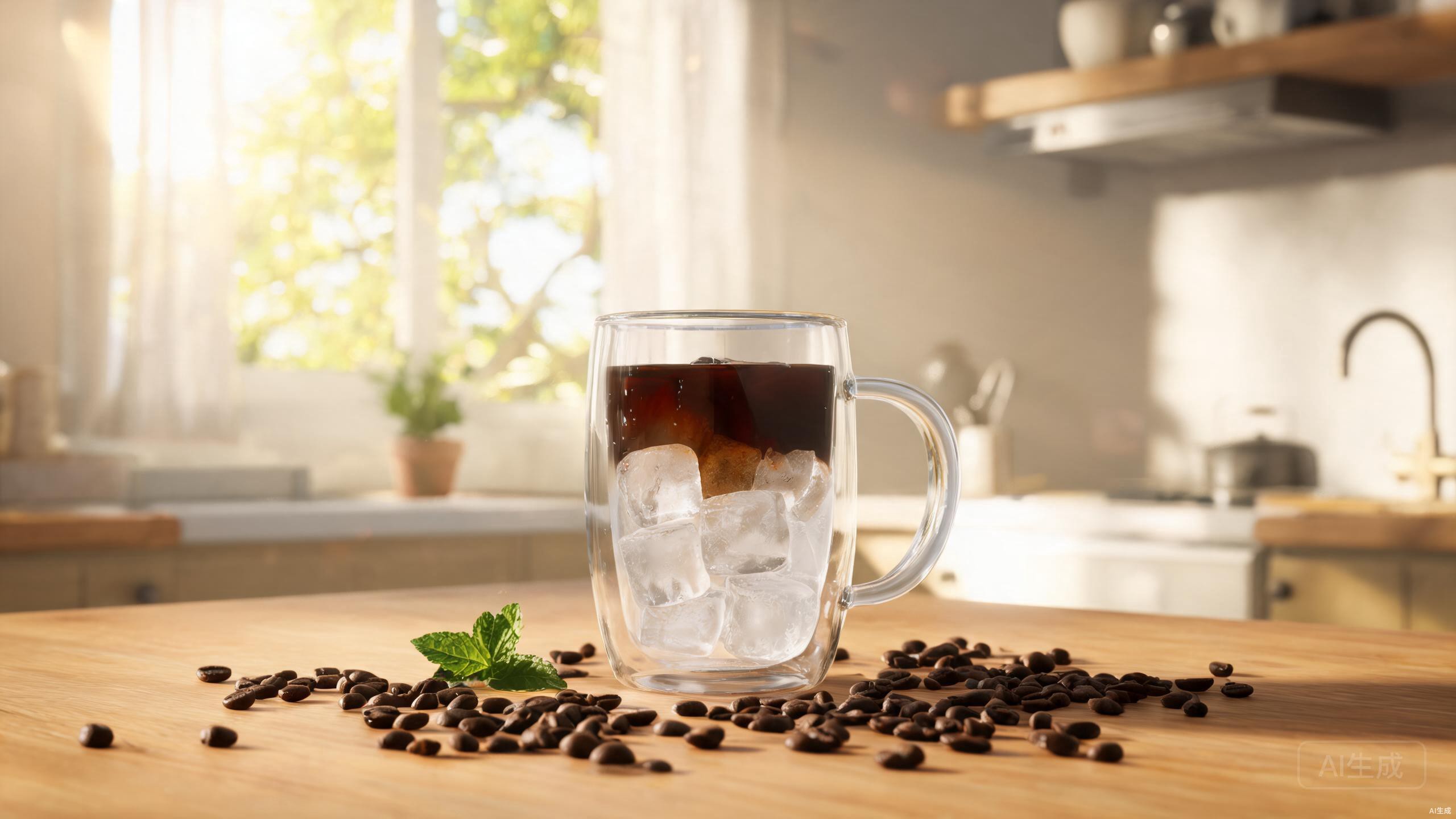 Glass iced coffee cup with cold brew and ice on a summer table
