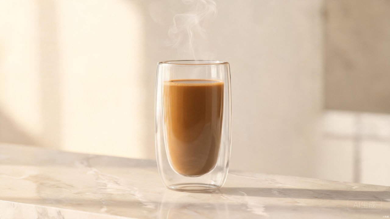 A double wall insulated glass tumbler filled with hot coffee, showing the floating beverage effect of double wall glass technology