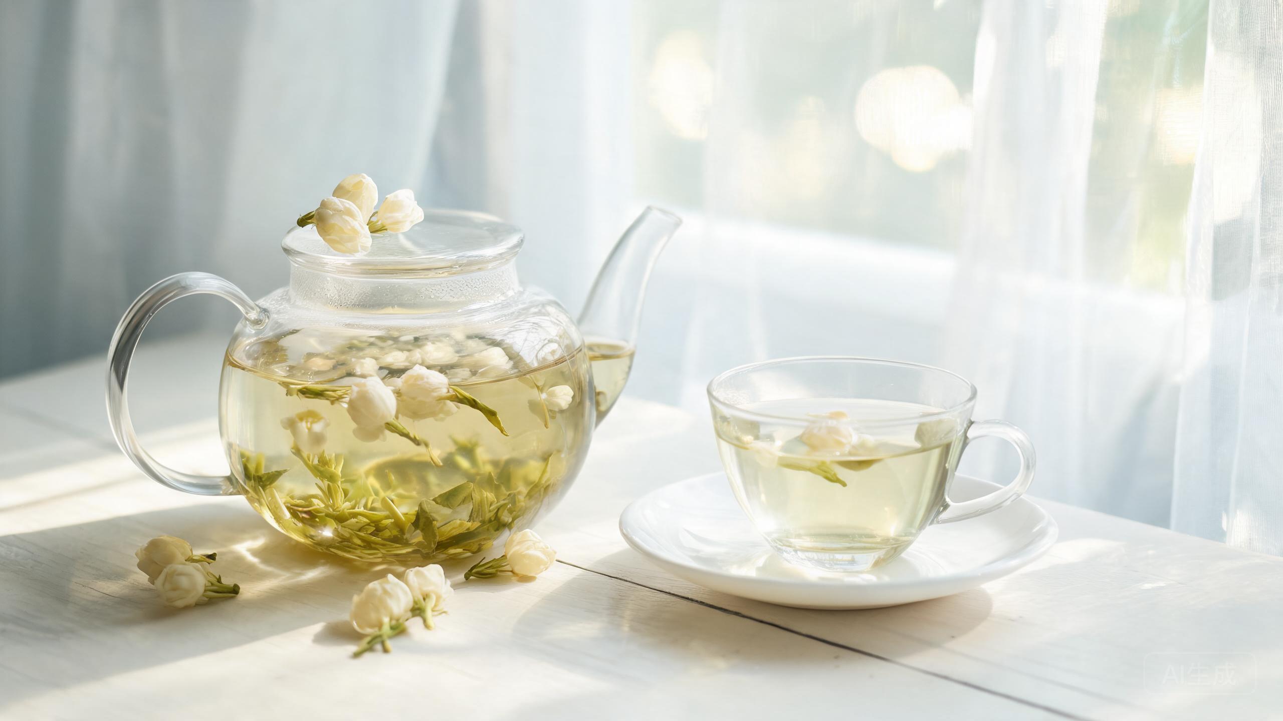 Jasmine tea with white jasmine flowers in a clear glass teapot