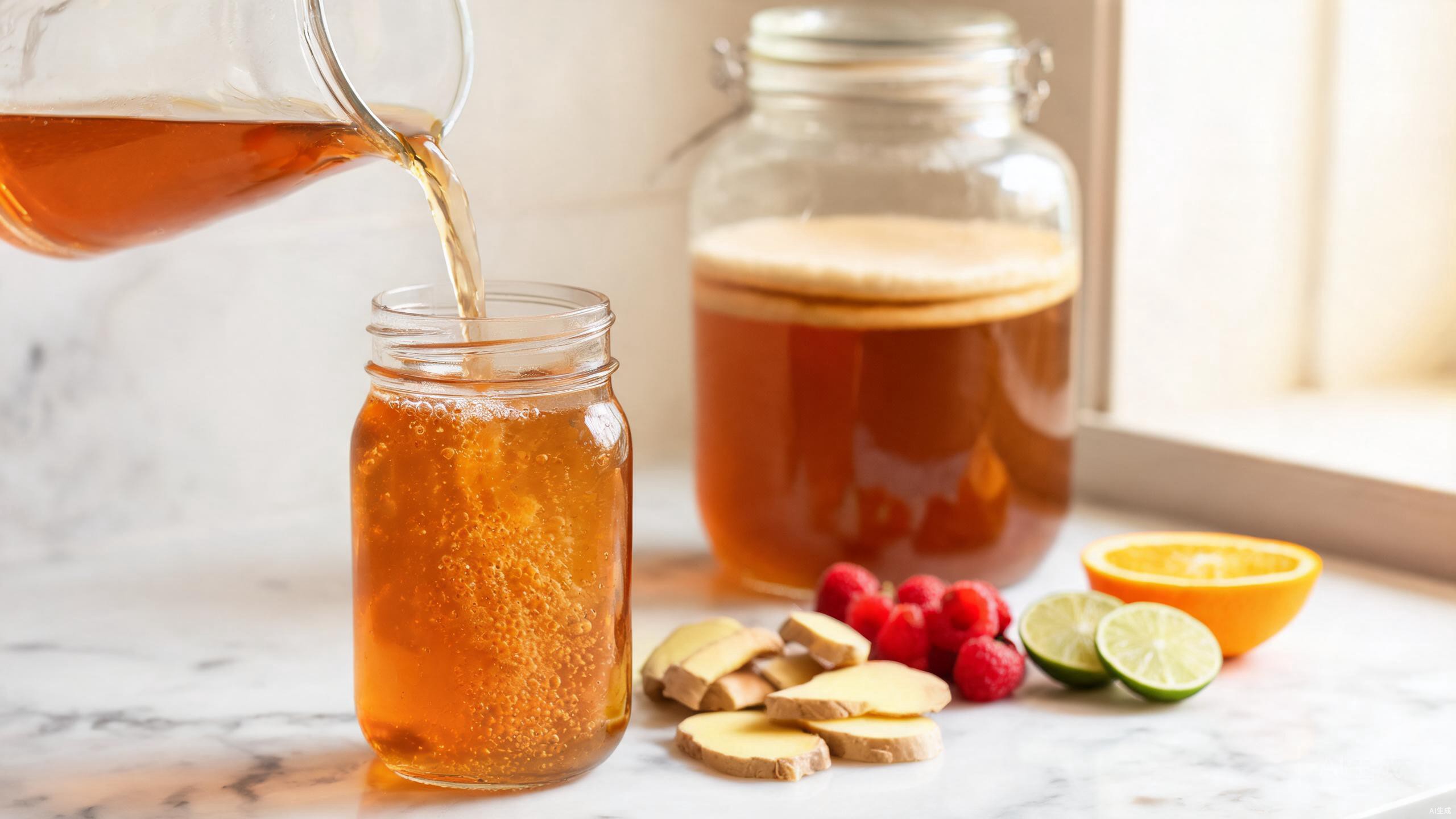 Homemade kombucha brewed in glass jars