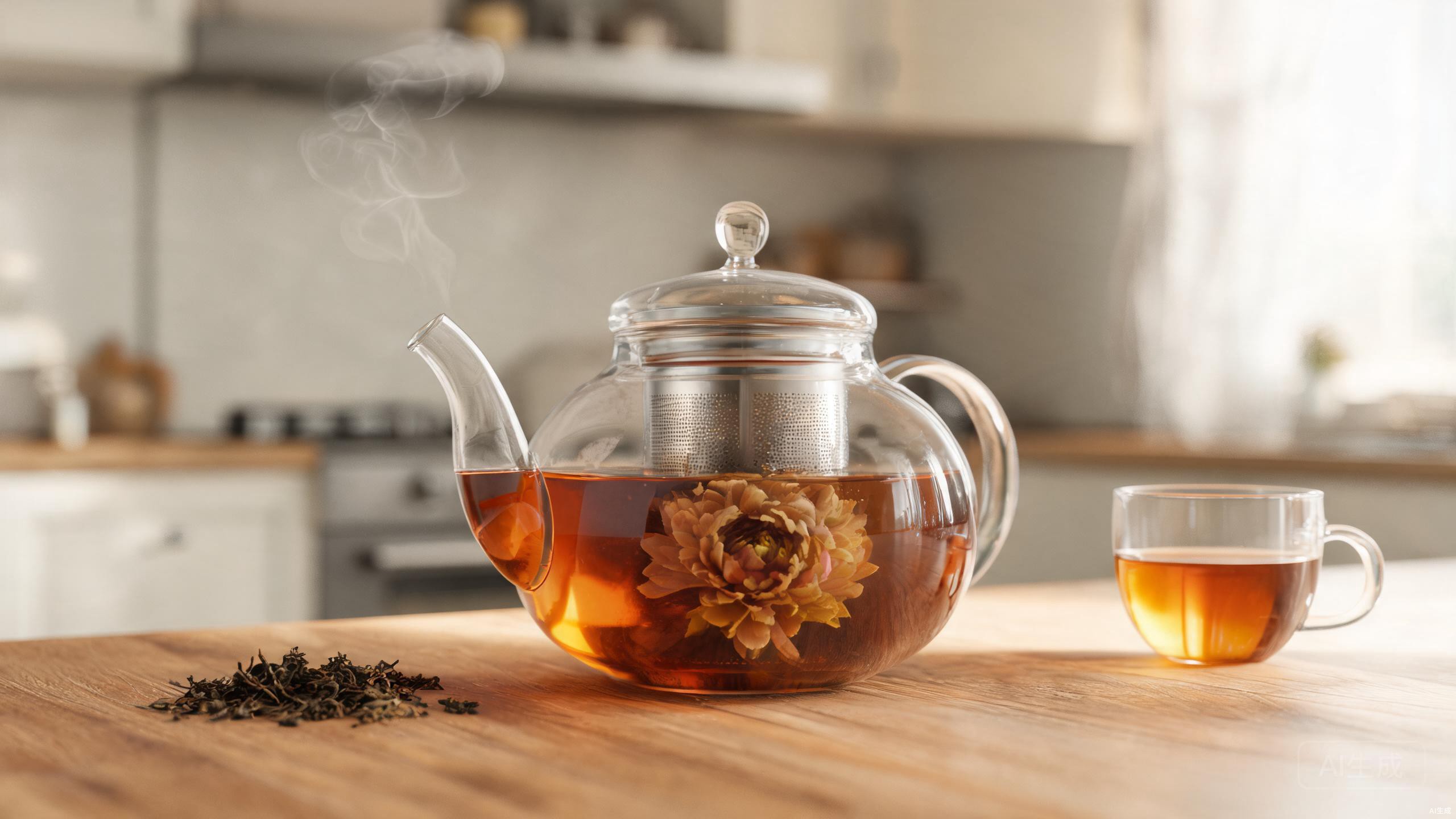 Large 61oz glass teapot filled with amber loose leaf tea