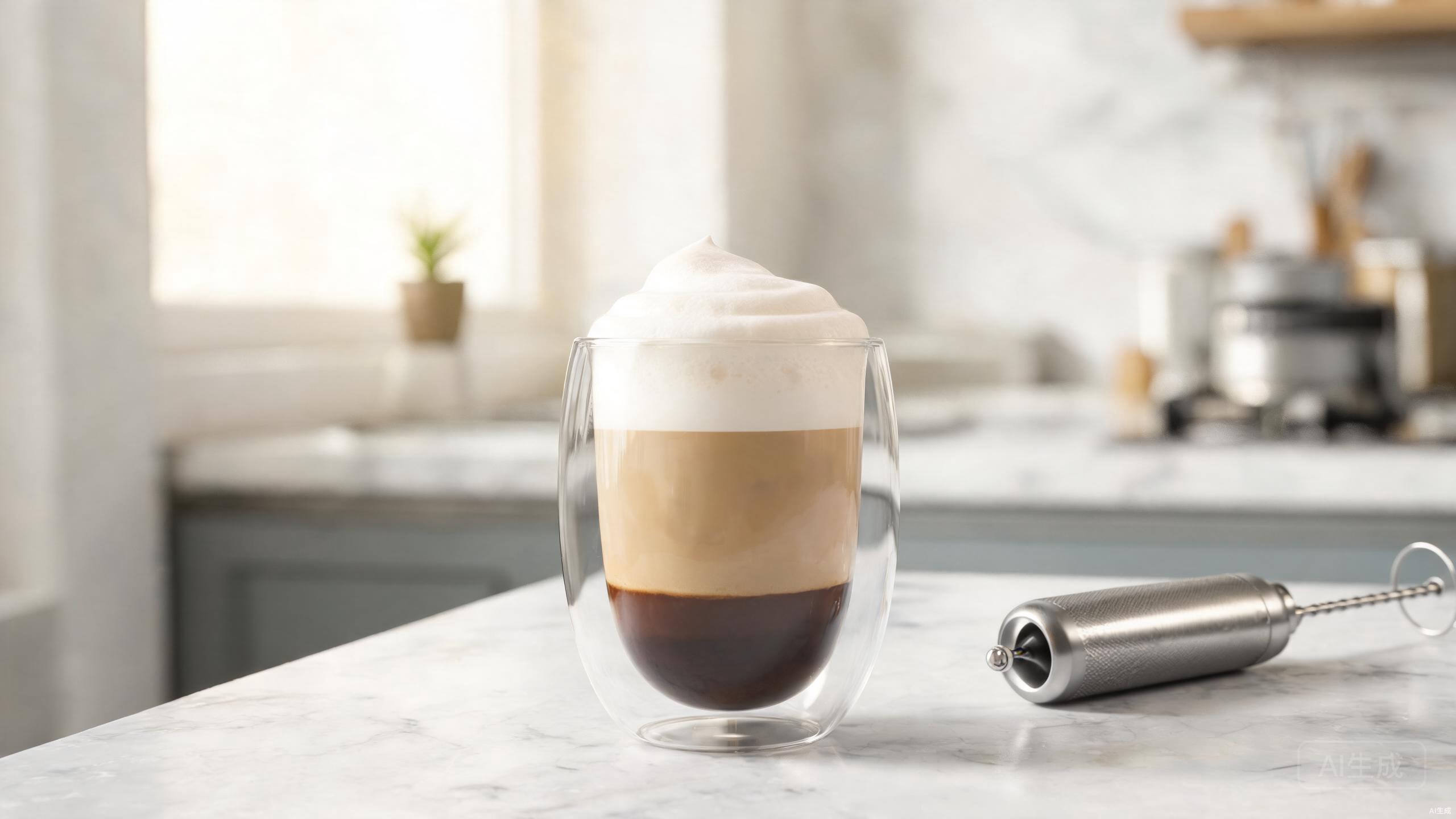 Layered cafe-style latte in a double wall glass coffee cup showing espresso and milk gradient