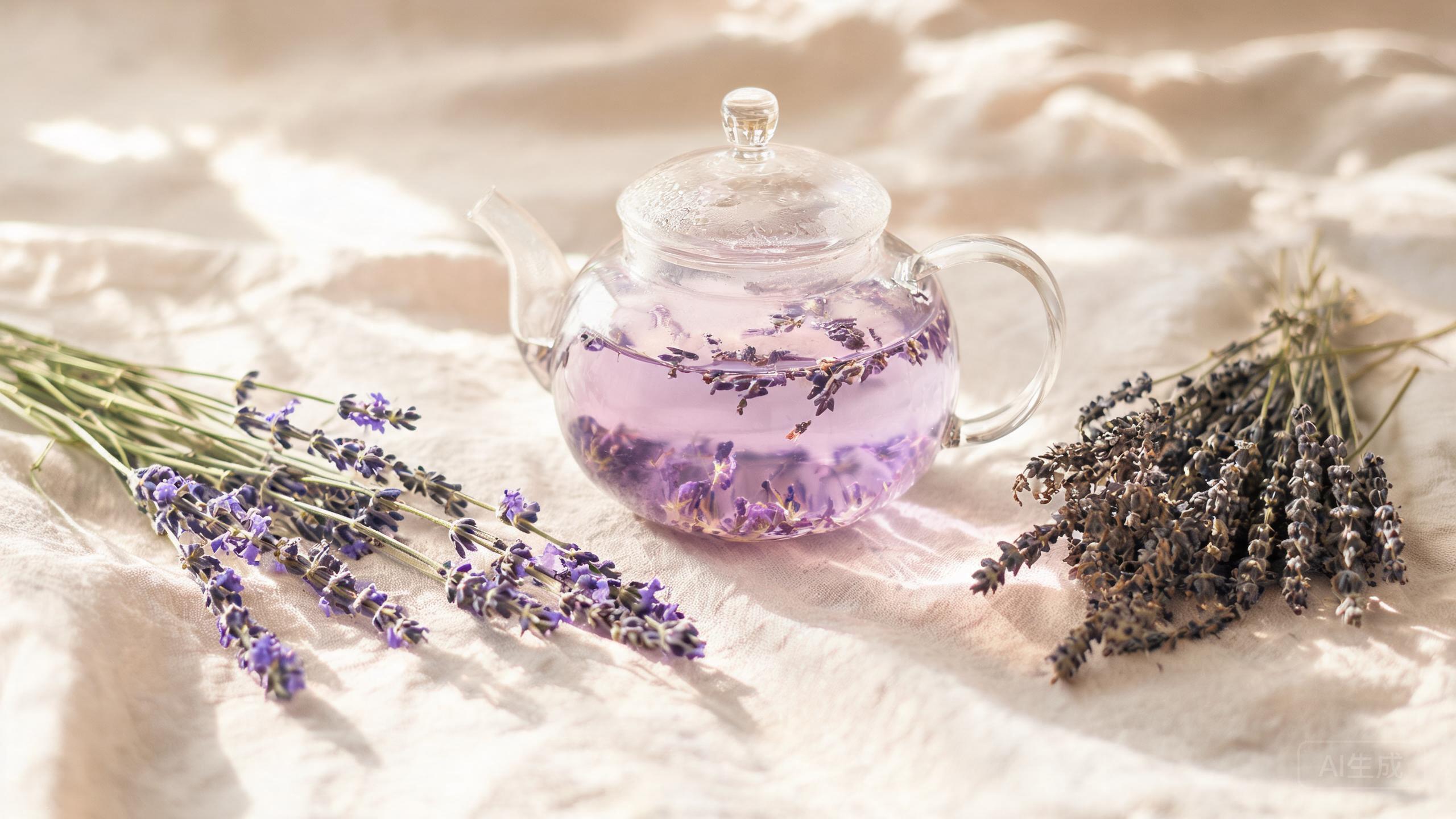 Lavender tea with purple buds blooming in a clear glass teapot and a pale lilac cup of tea