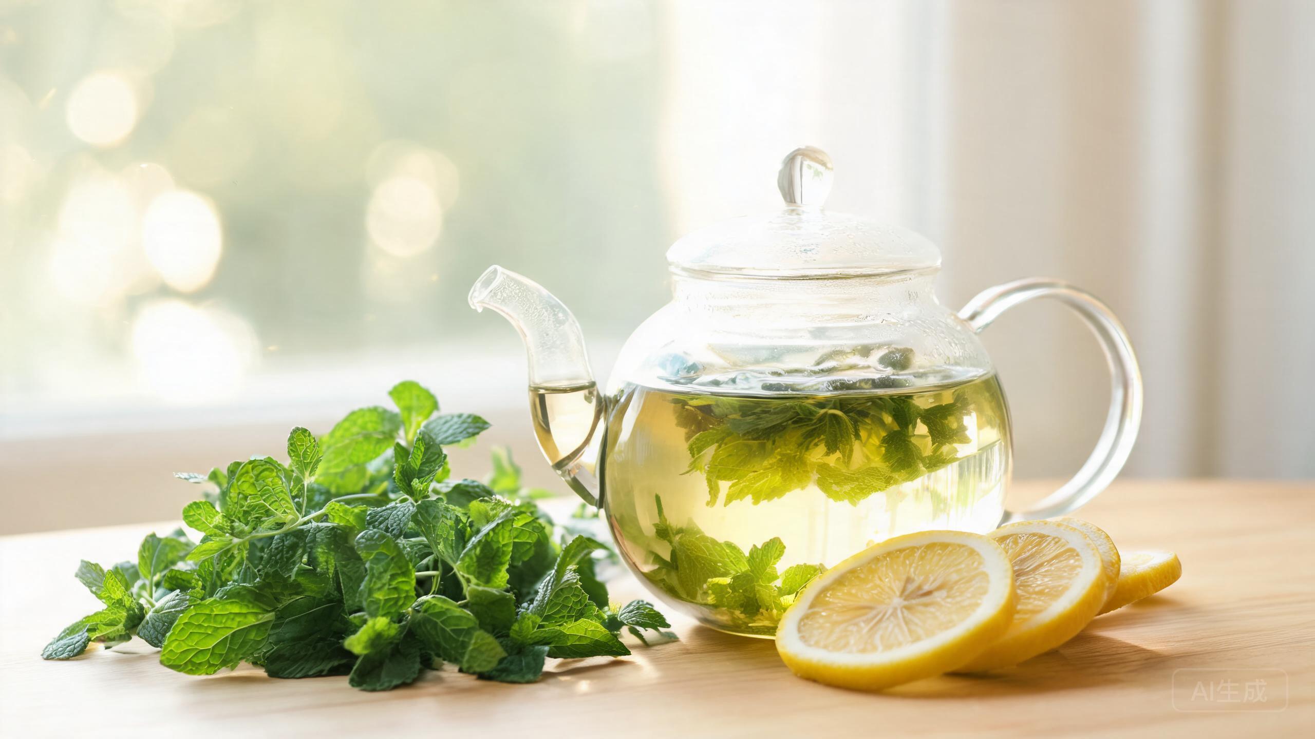Light green-gold lemon balm tea with fresh lemon balm leaves in a clear glass teapot, poured into a glass cup