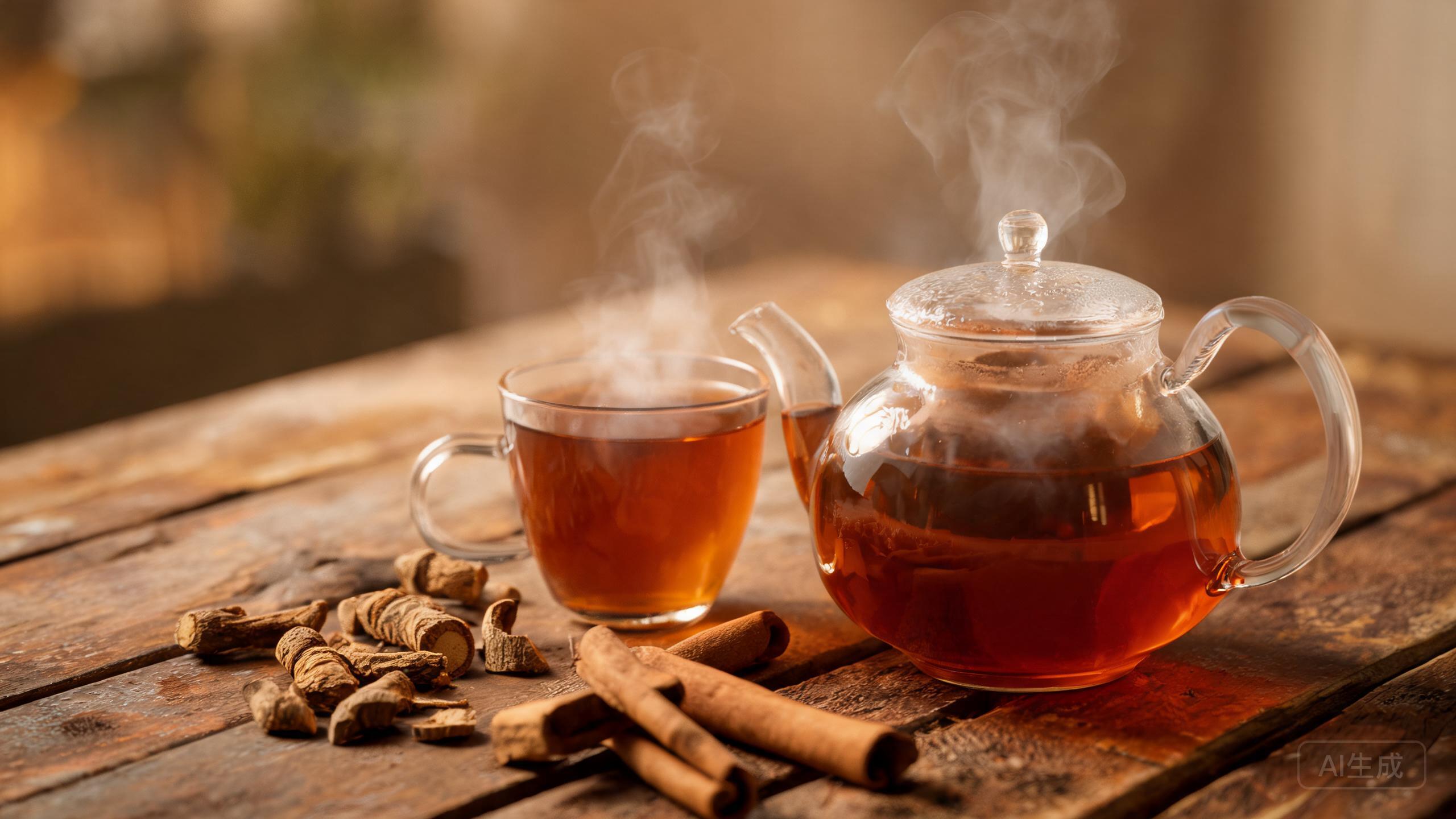 Deep amber licorice root tea with dried licorice root beside a clear glass teapot and glass mug