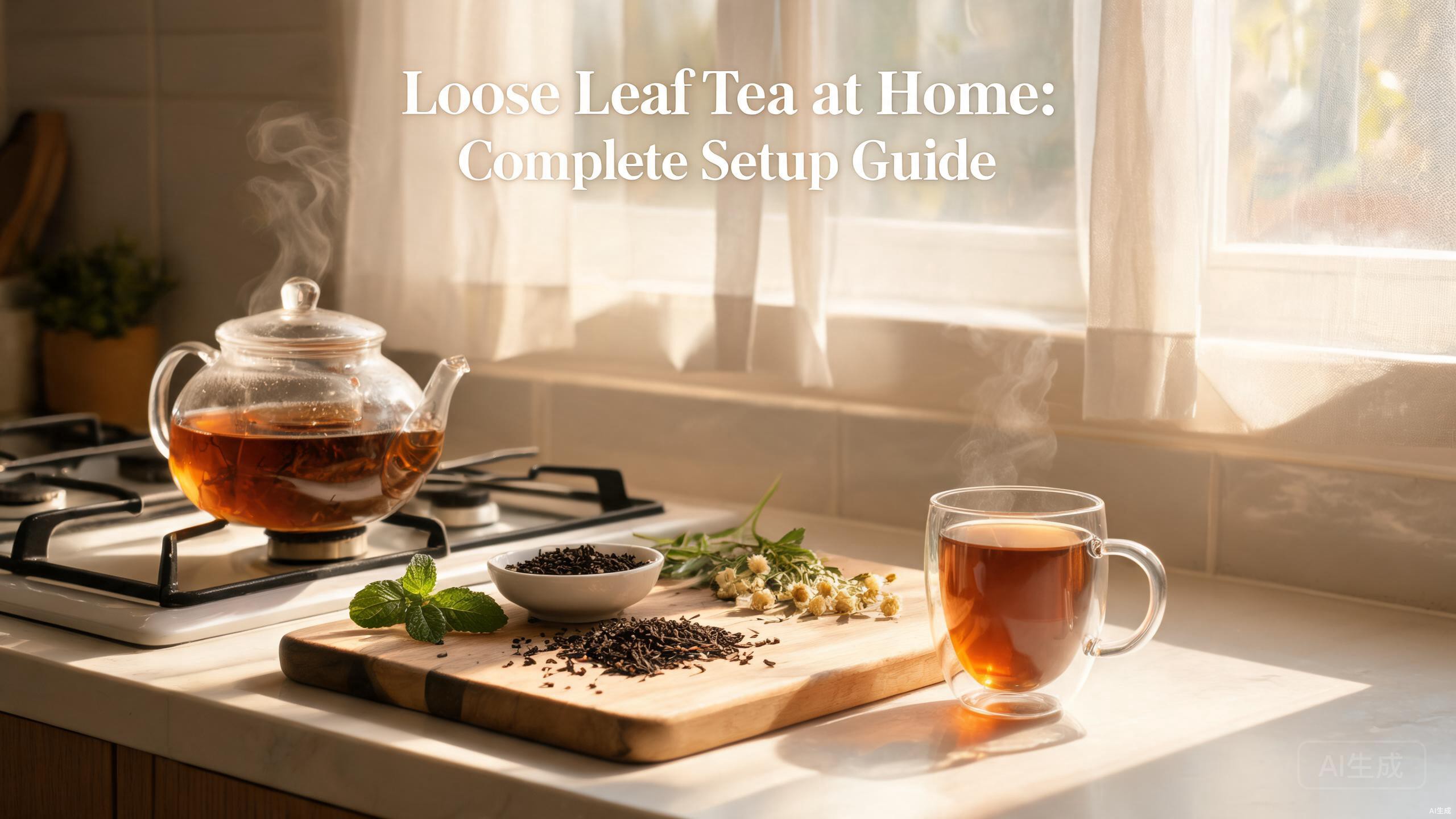 Complete loose leaf tea brewing setup with MESNEY glass teapot and double walled mugs