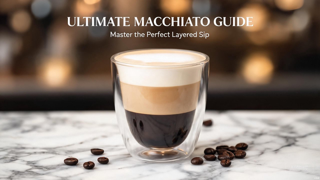 A beautifully layered latte macchiato served in a clear glass coffee cup showing distinct espresso and milk layers