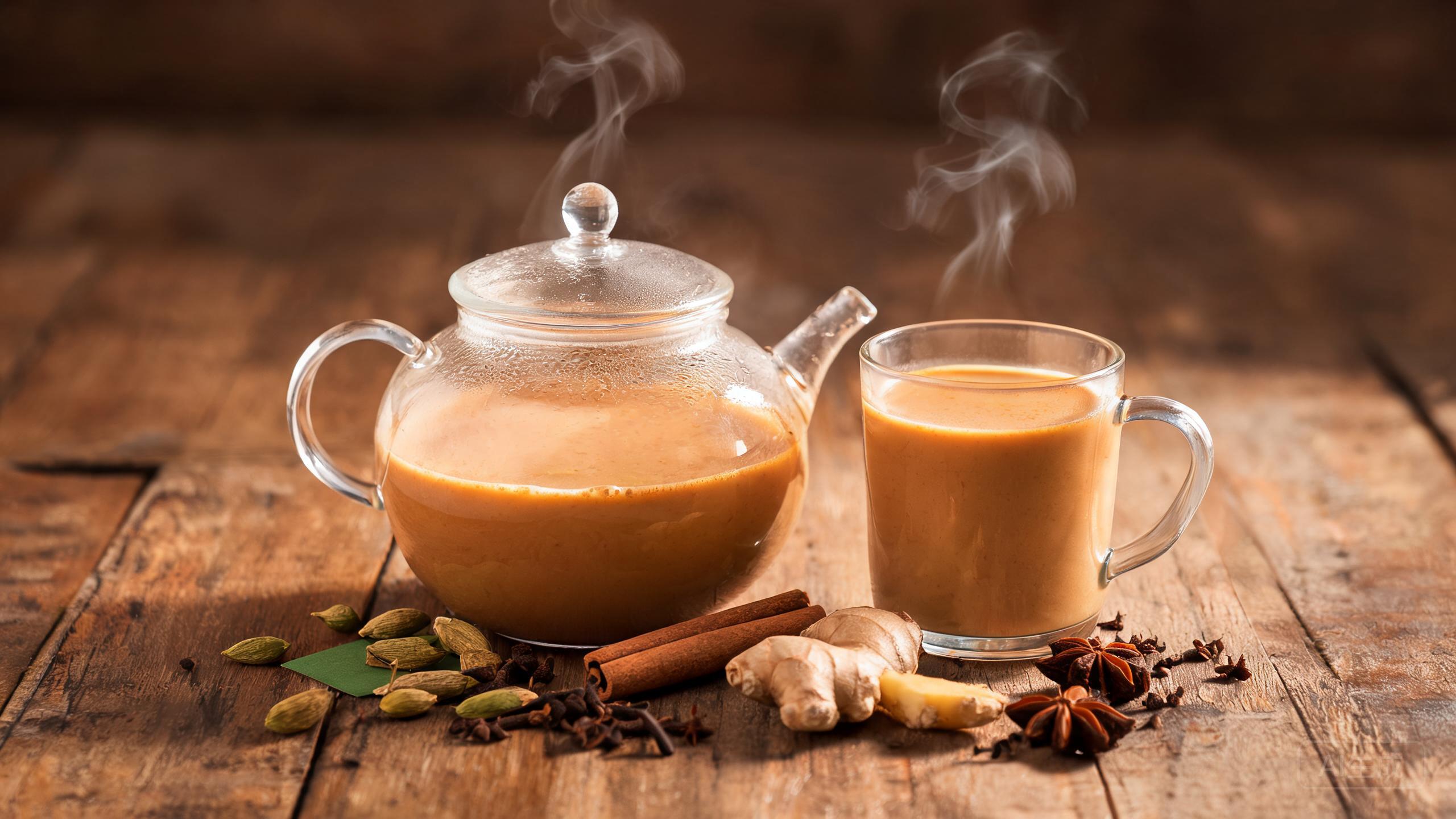 Rich spiced masala chai with whole spices in a clear glass teapot and a glass mug