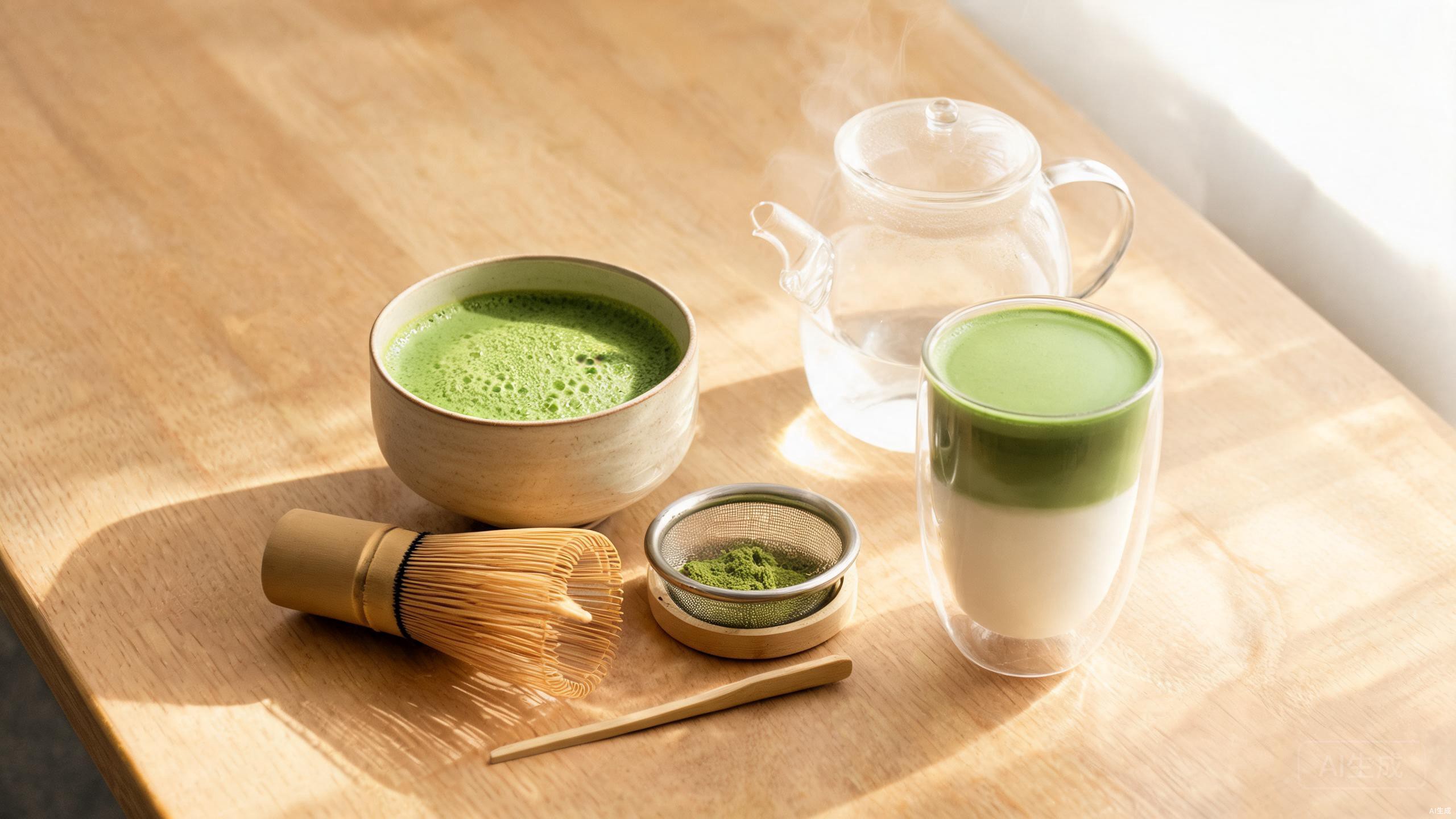 Matcha preparation at home with a matcha bowl, bamboo whisk, sifter, and glass teaware