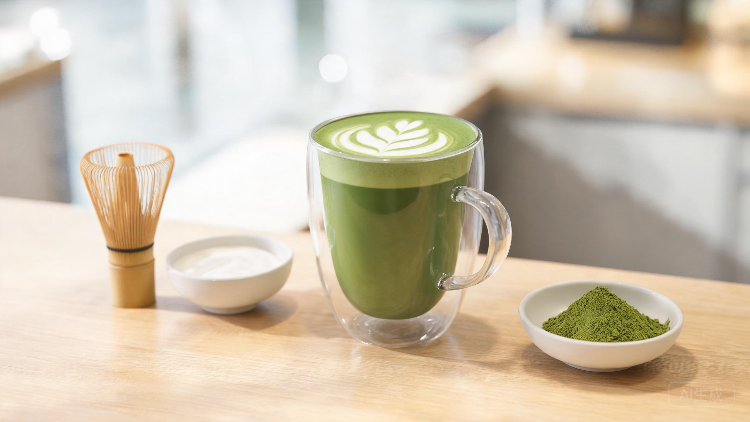 Vibrant green matcha latte with white milk latte art in a clear double walled glass mug with a bamboo whisk
